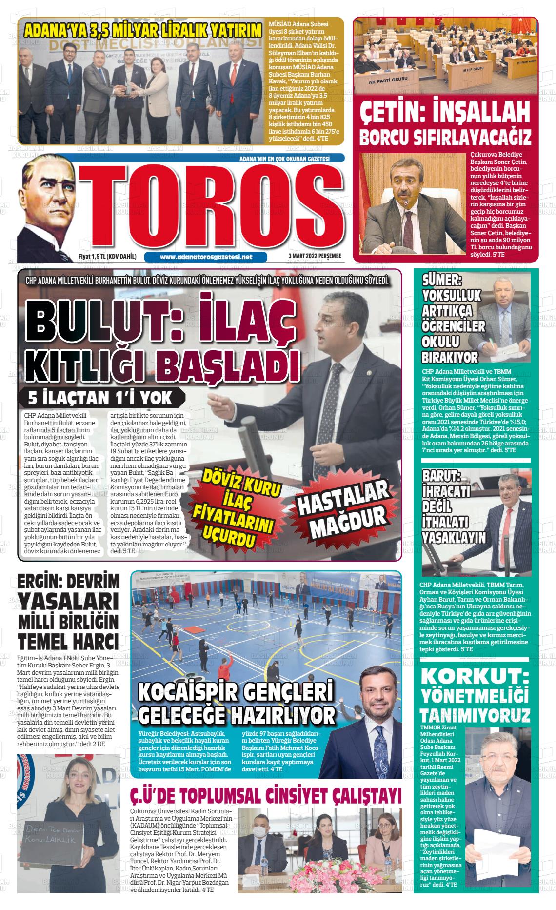 03 Mart 2022 Toros Gazete Manşeti