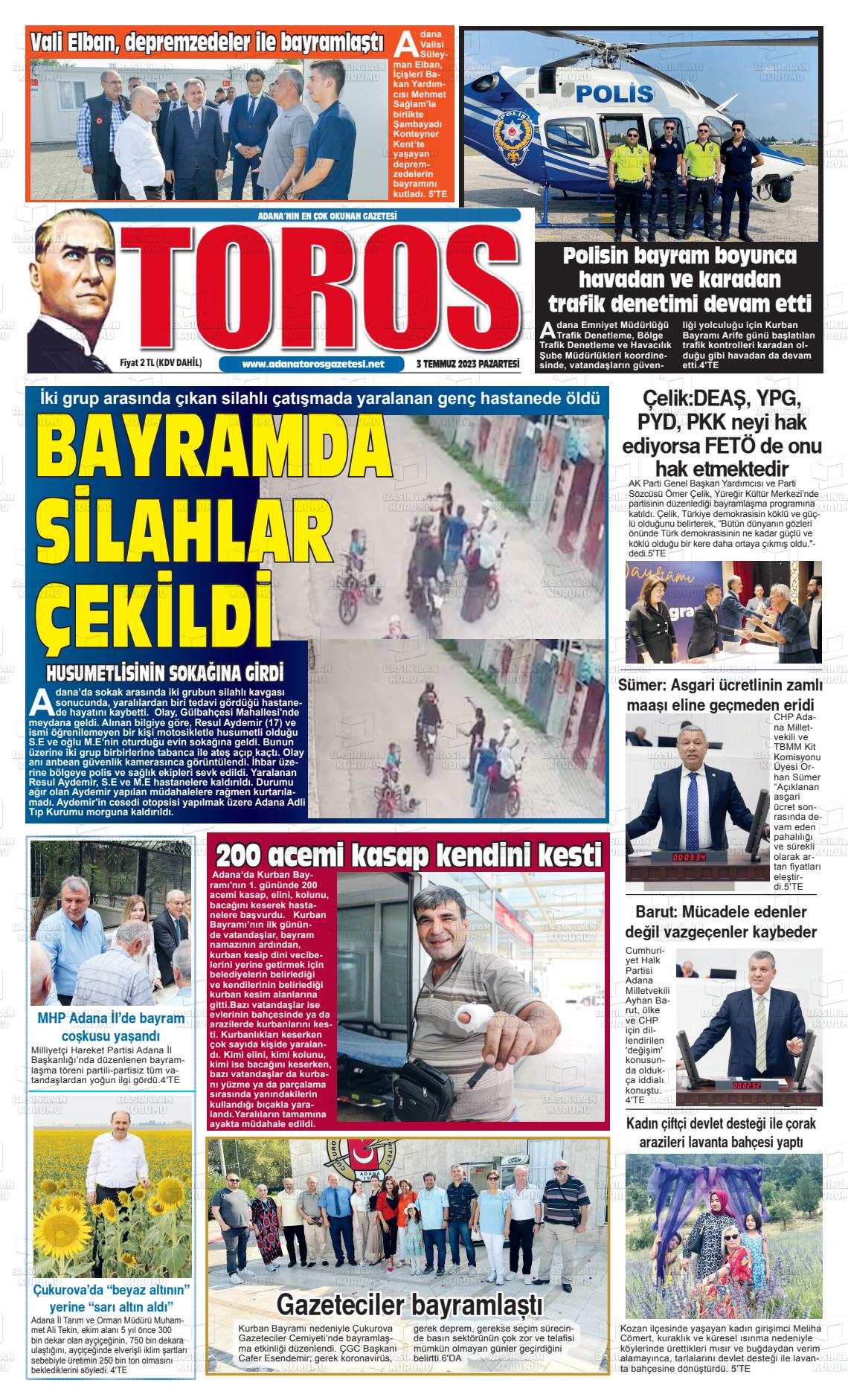 03 Temmuz 2023 Toros Gazete Manşeti