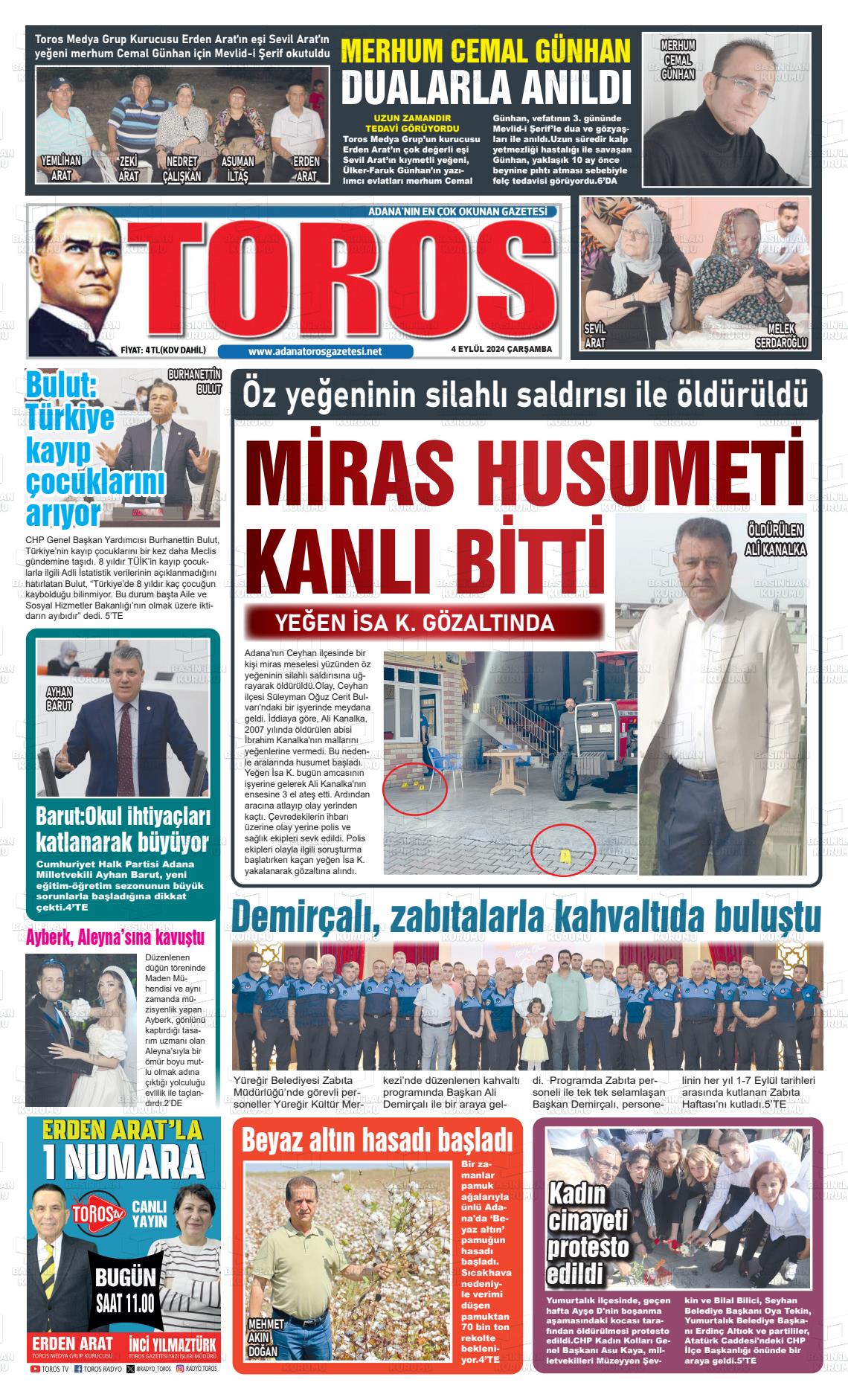 04 Eylül 2024 Toros Gazete Manşeti