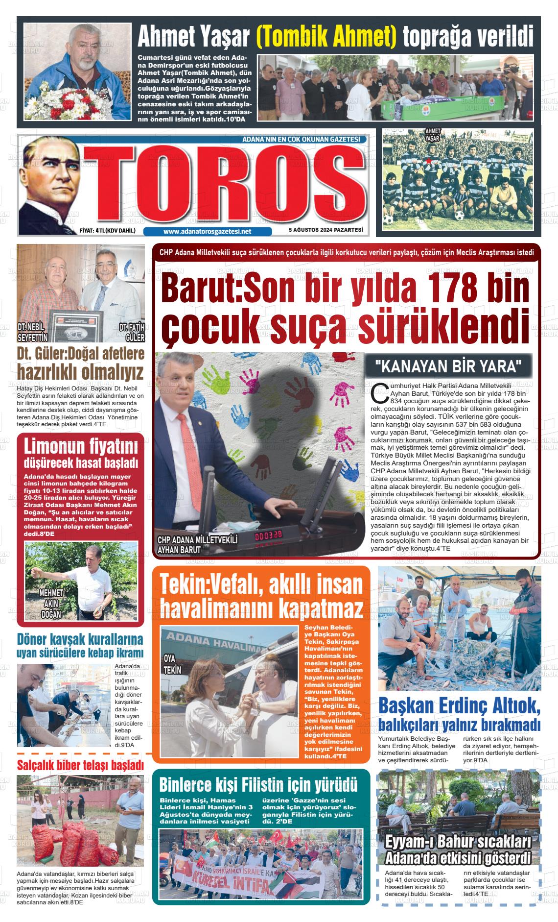 05 Ağustos 2024 Toros Gazete Manşeti