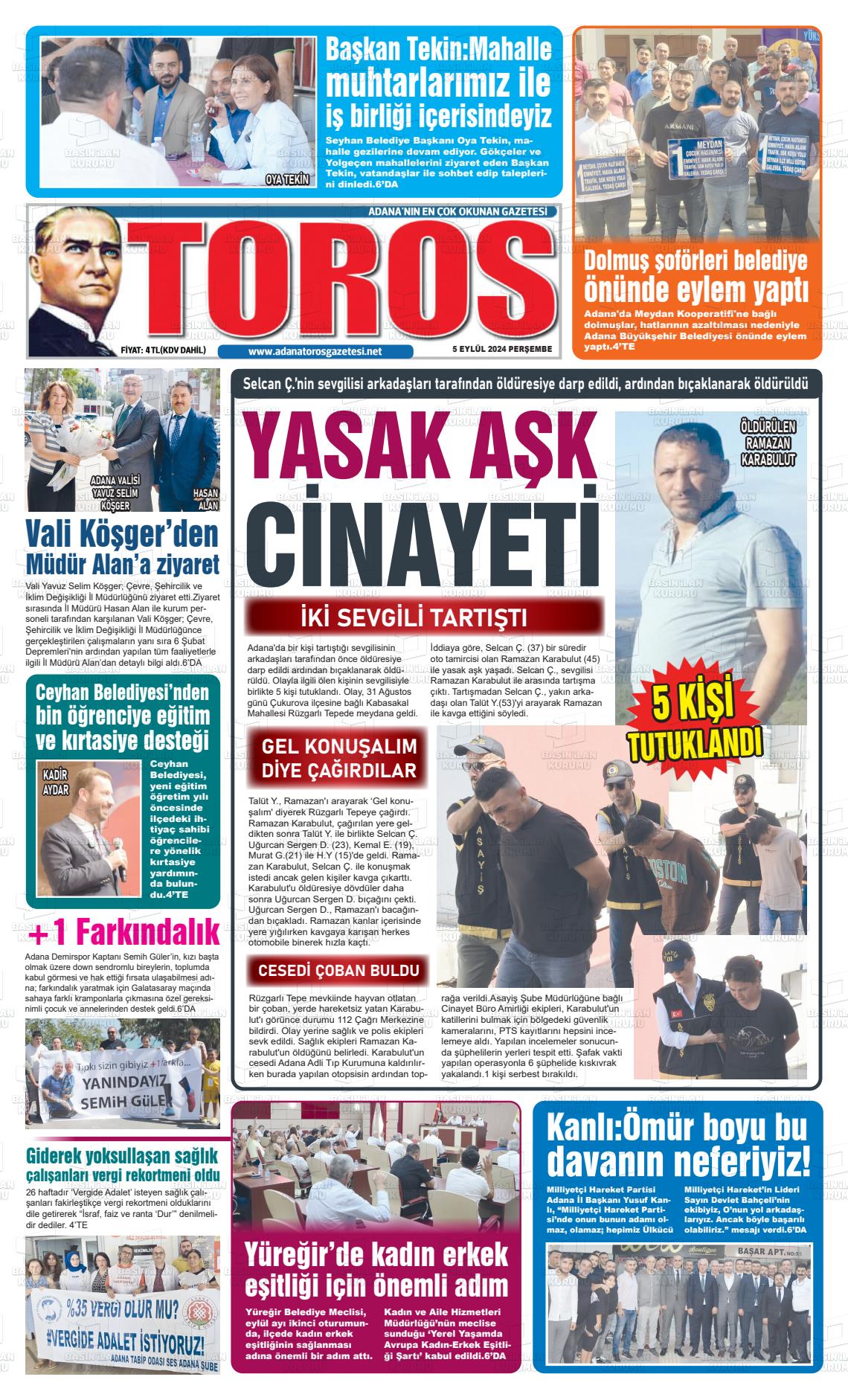 05 Eylül 2024 Toros Gazete Manşeti