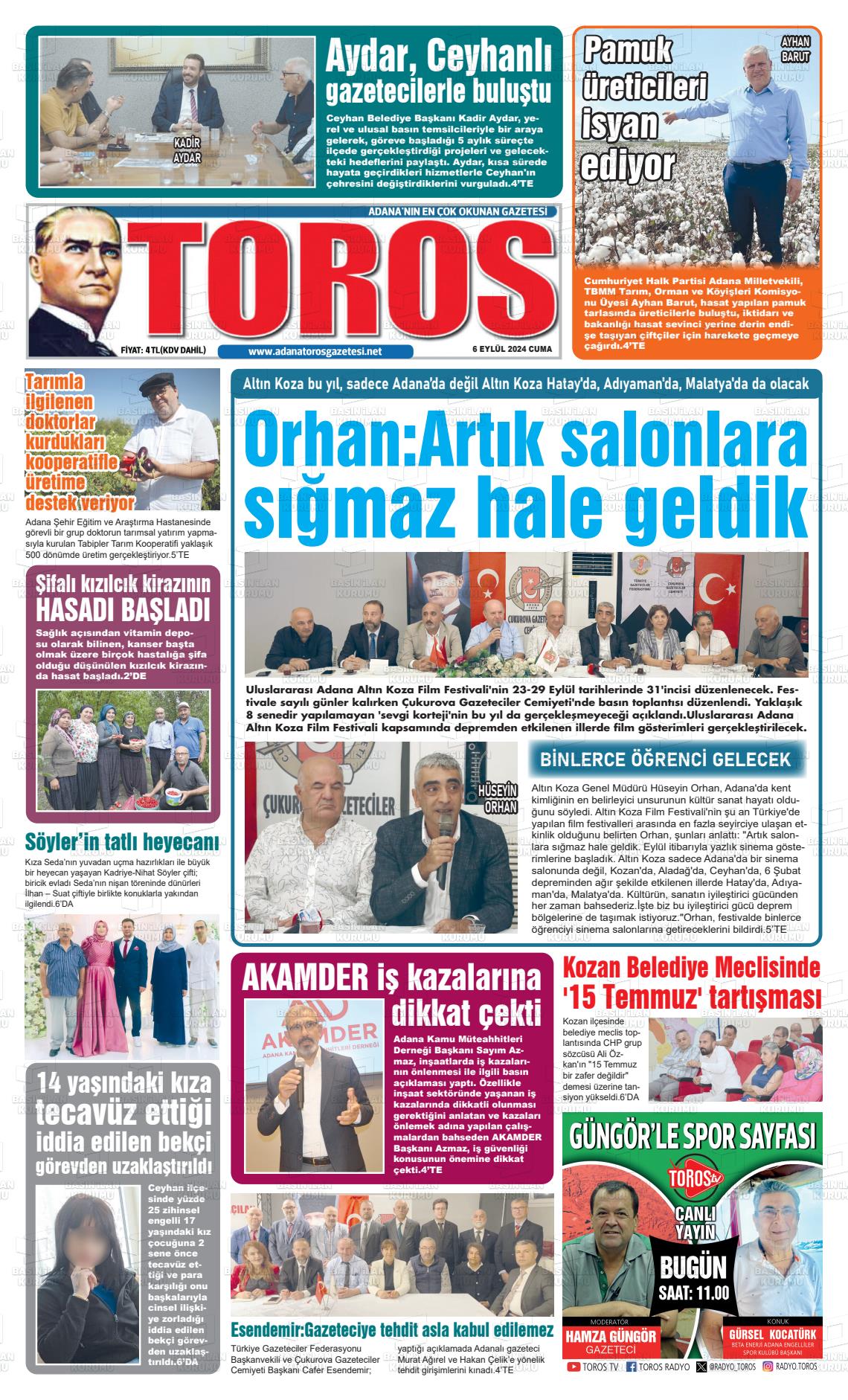 06 Eylül 2024 Toros Gazete Manşeti