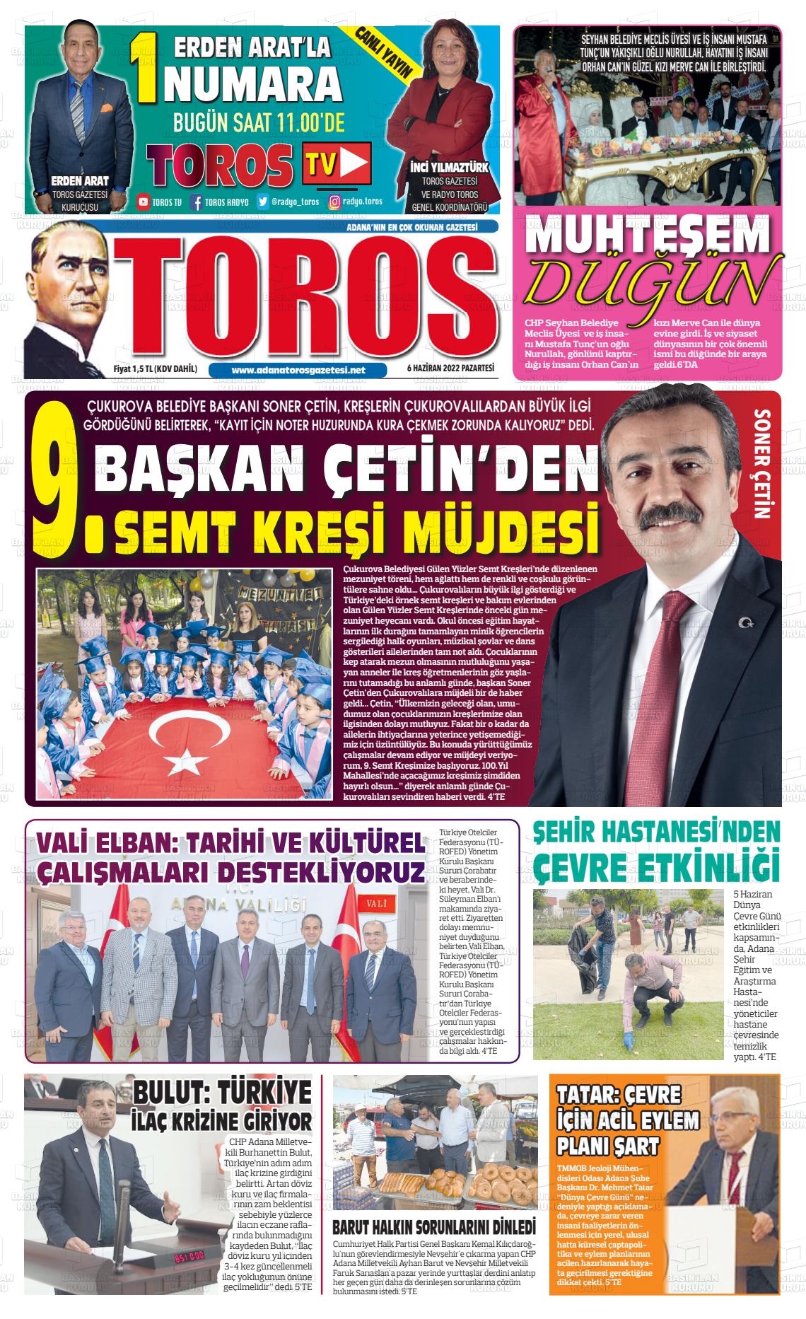 06 Haziran 2022 Toros Gazete Manşeti