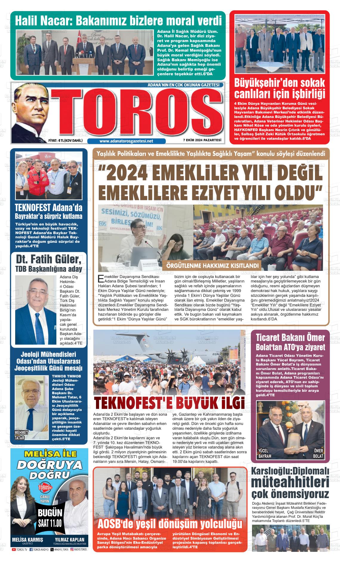 07 Ekim 2024 Toros Gazete Manşeti