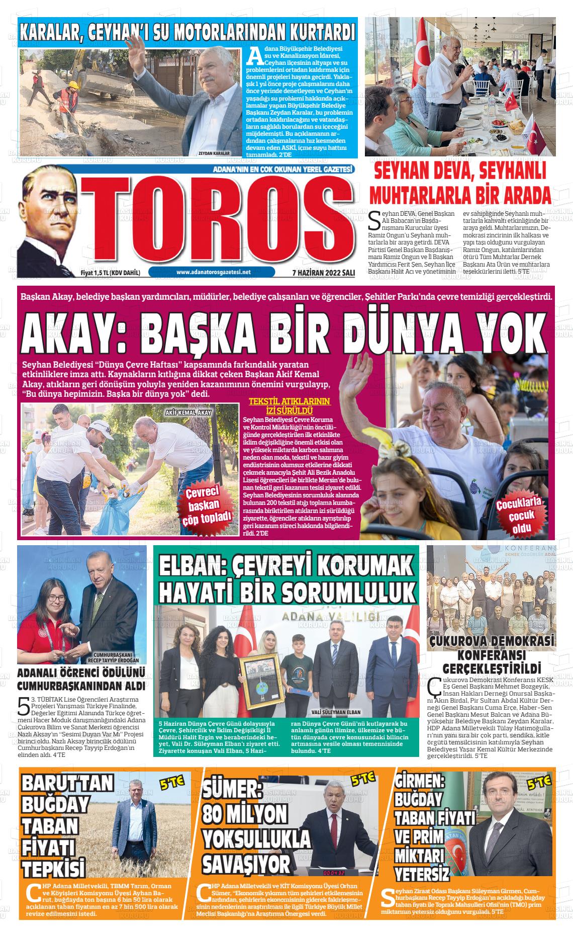 07 Haziran 2022 Toros Gazete Manşeti