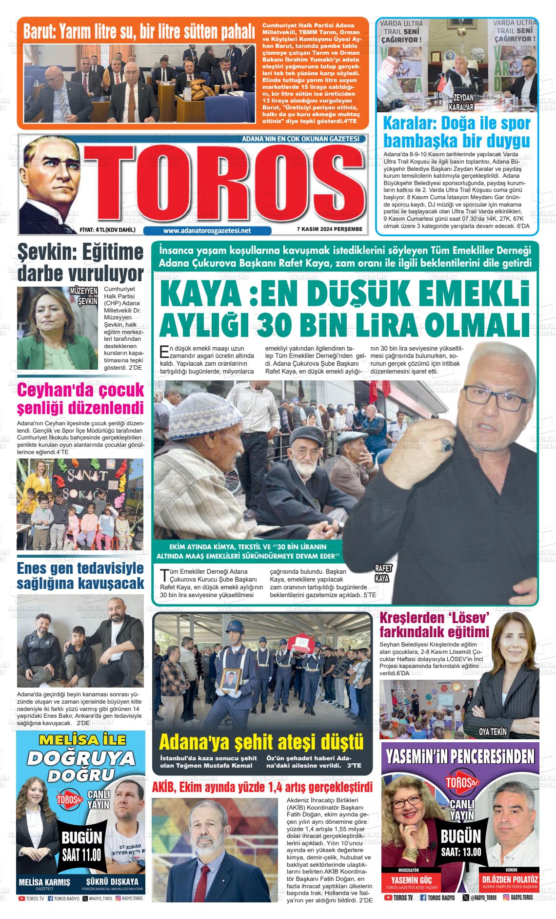 07 Kasım 2024 Toros Gazete Manşeti