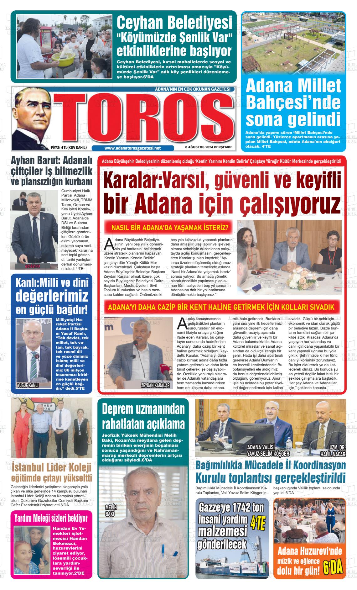 08 Ağustos 2024 Toros Gazete Manşeti