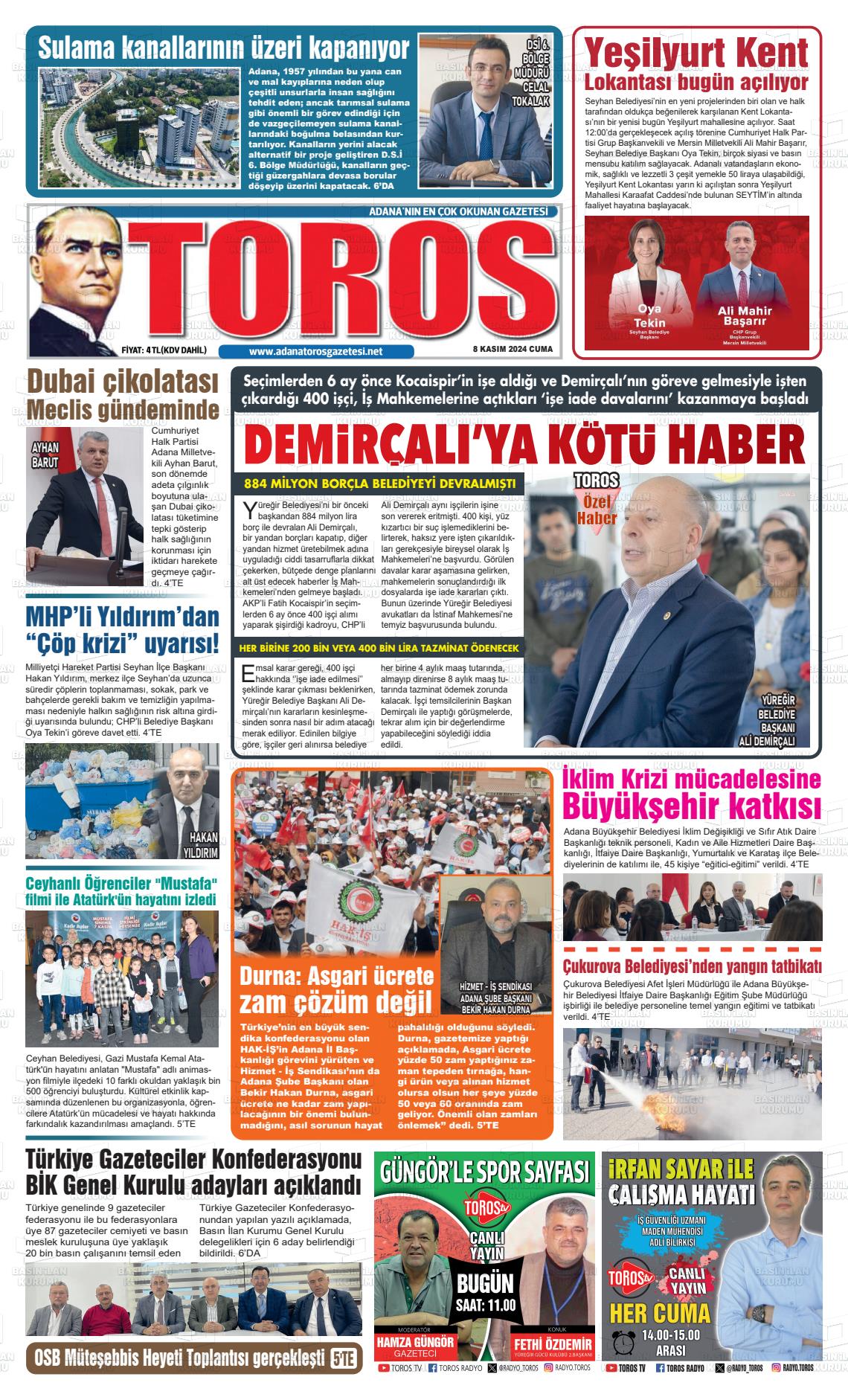 08 Kasım 2024 Toros Gazete Manşeti