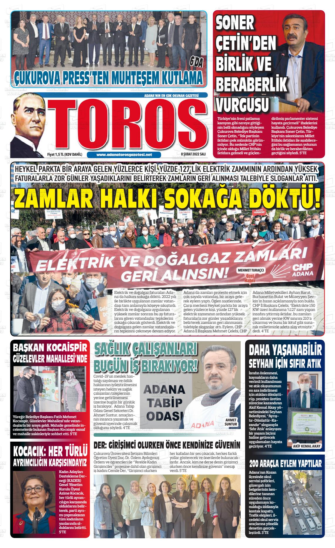 08 Şubat 2022 Toros Gazete Manşeti