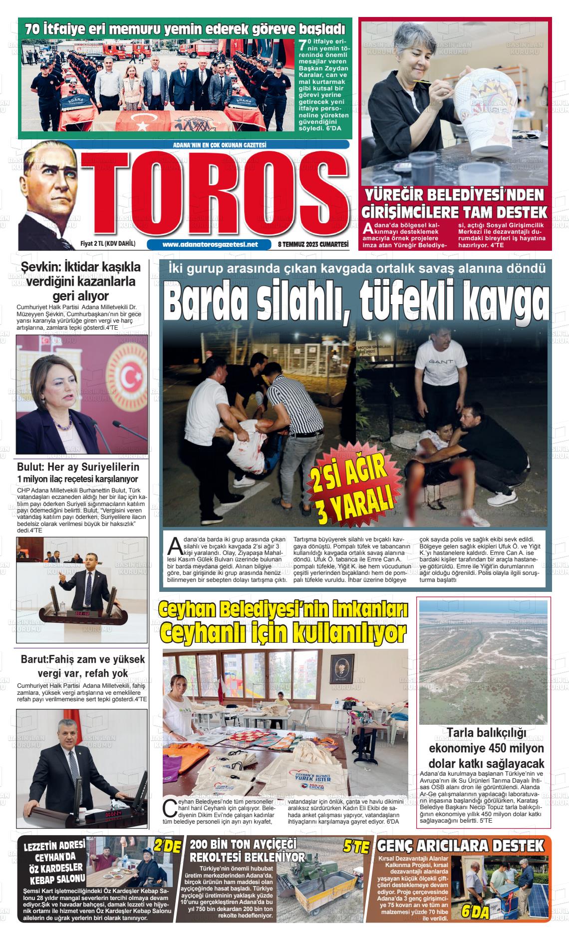 08 Temmuz 2023 Toros Gazete Manşeti