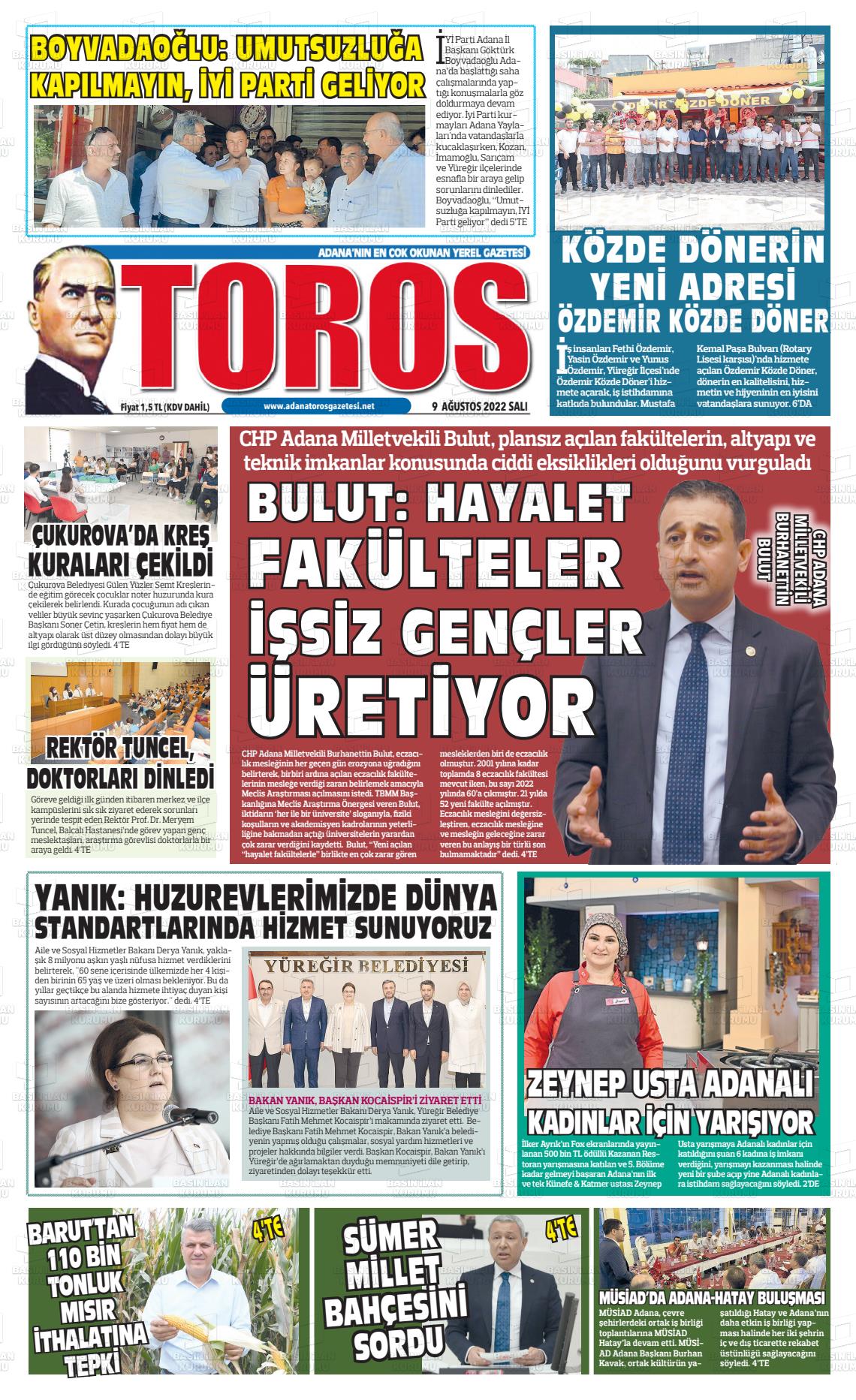 09 Ağustos 2022 Toros Gazete Manşeti