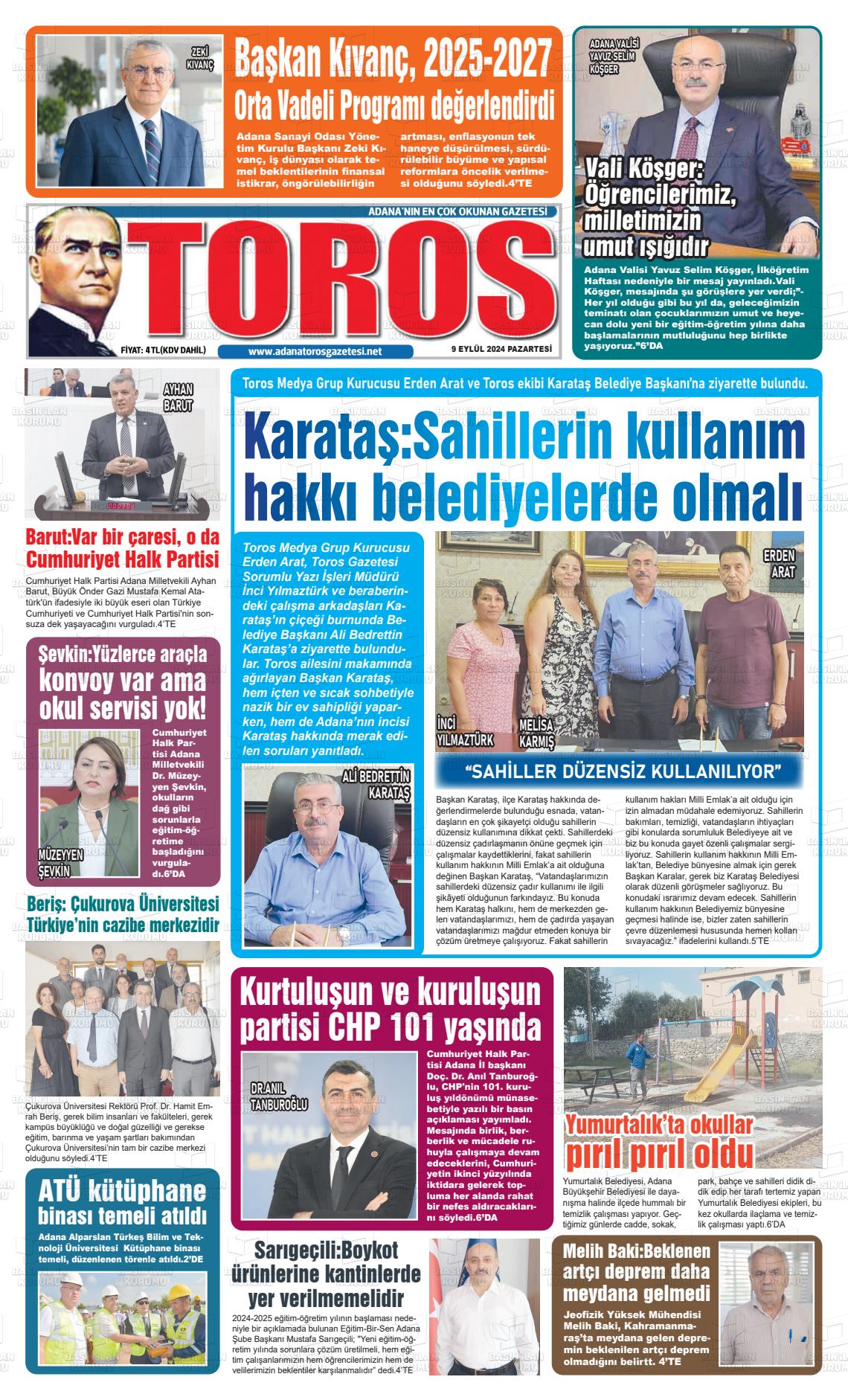 09 Eylül 2024 Toros Gazete Manşeti