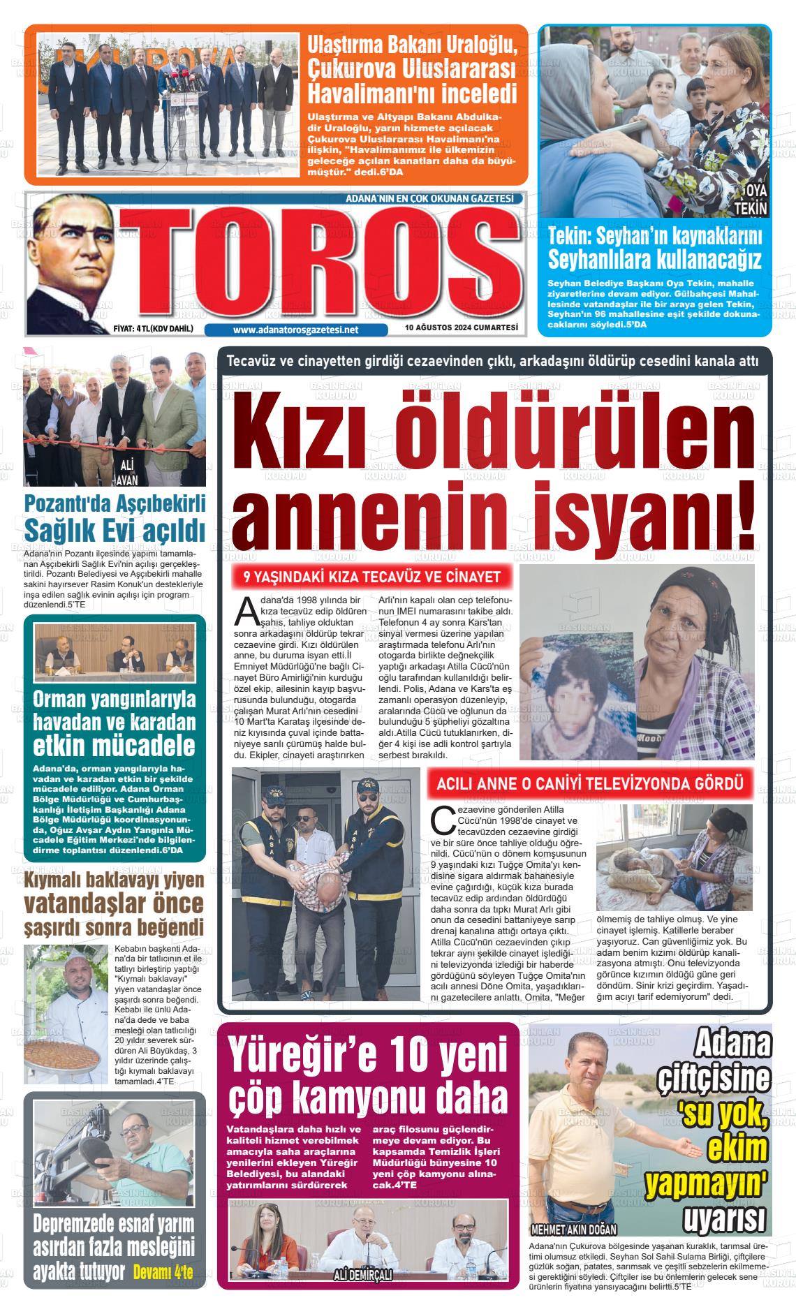 10 Ağustos 2024 Toros Gazete Manşeti