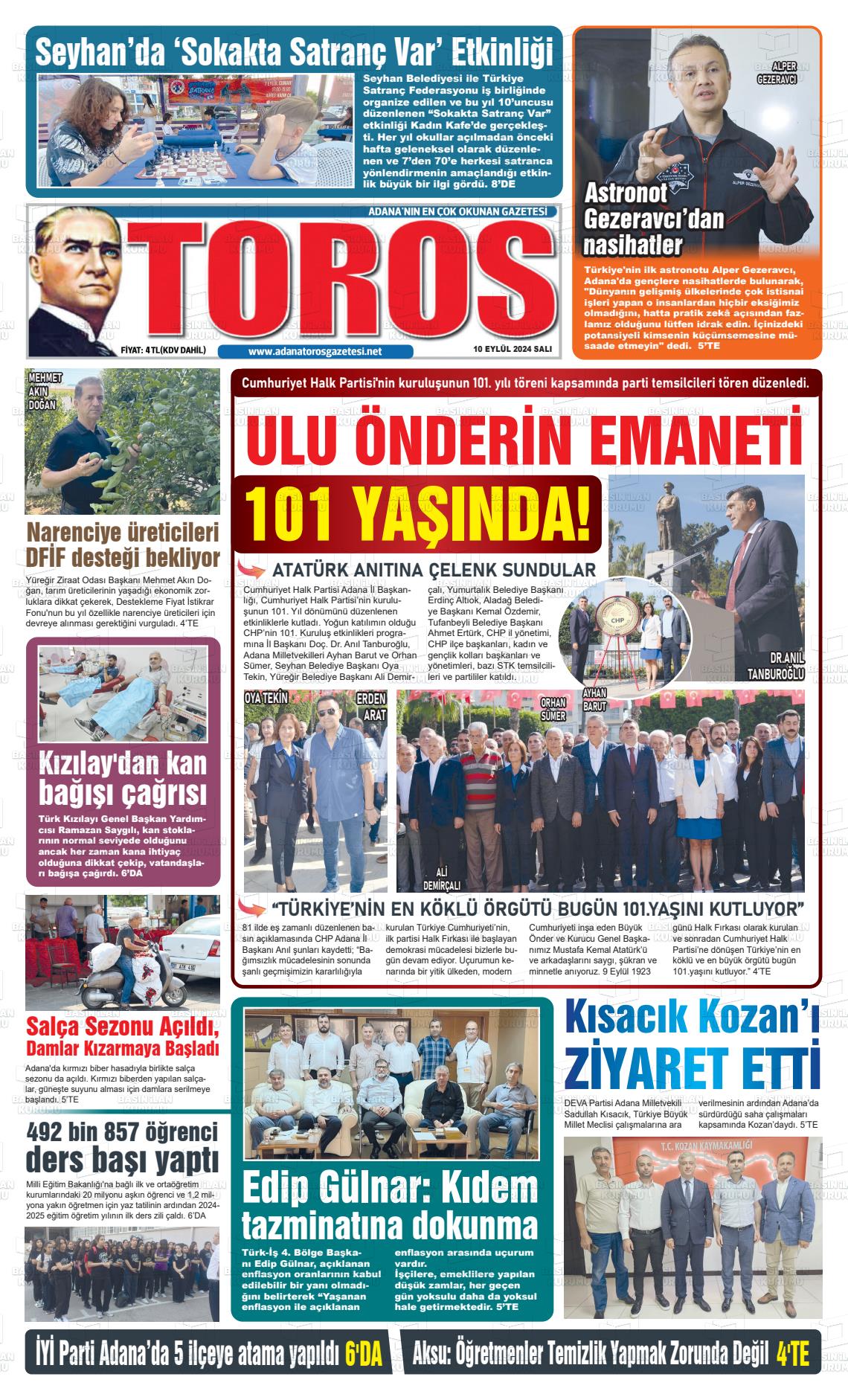 10 Eylül 2024 Toros Gazete Manşeti