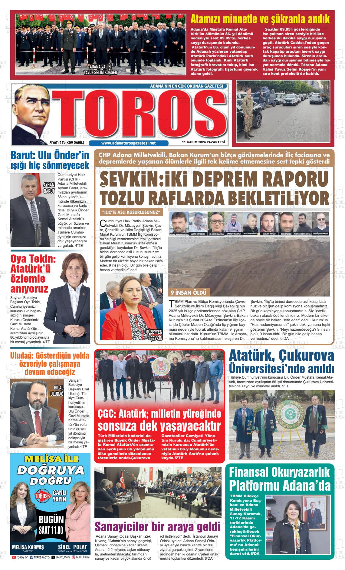 11 Kasım 2024 Toros Gazete Manşeti