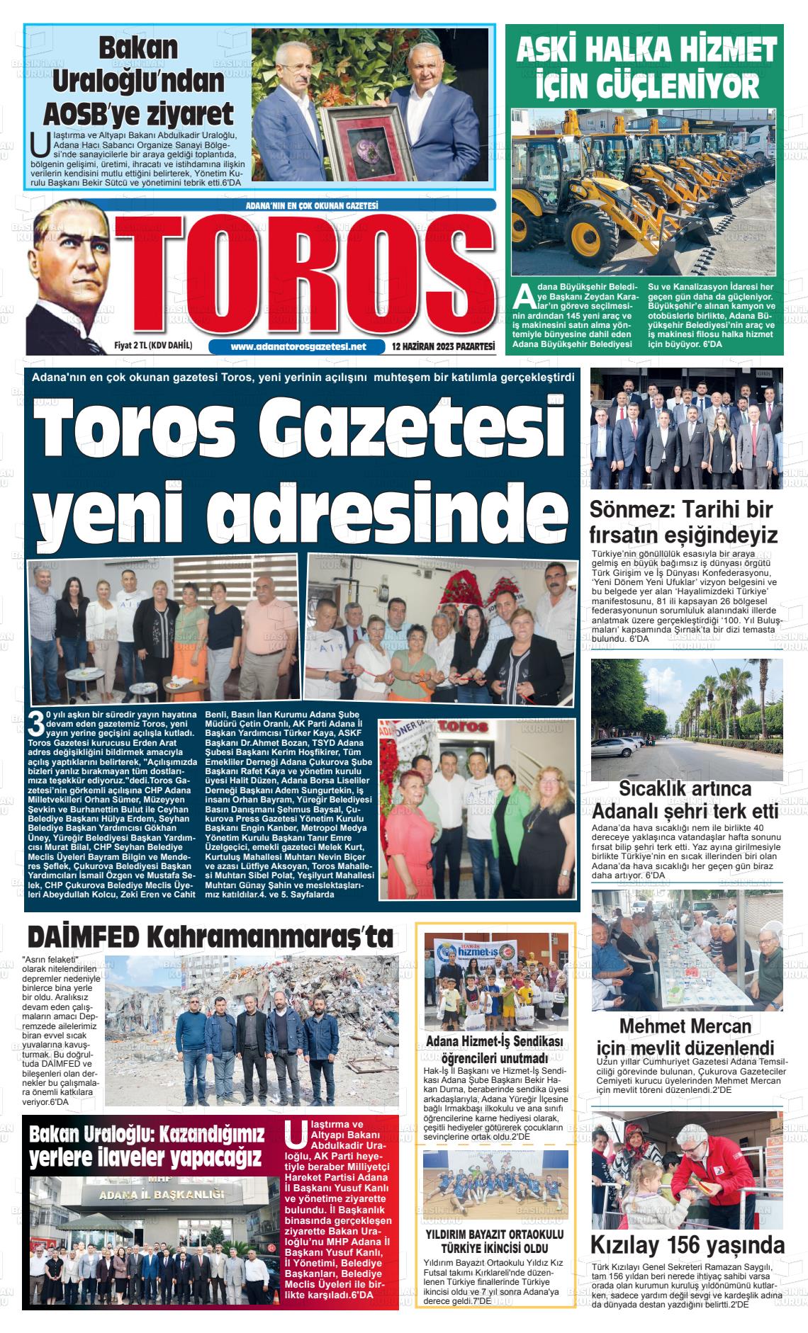 12 Haziran 2023 Toros Gazete Manşeti