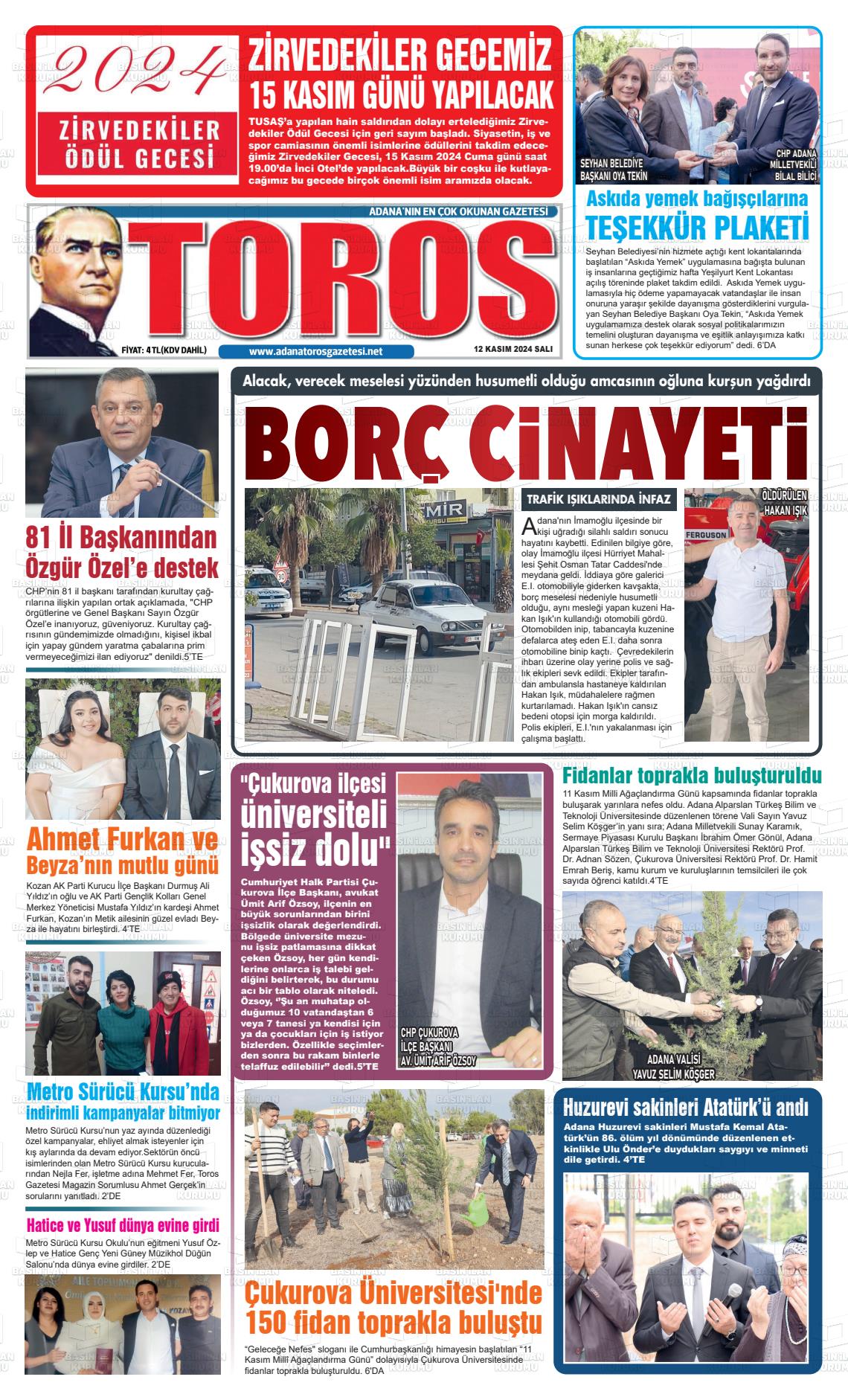 12 Kasım 2024 Toros Gazete Manşeti