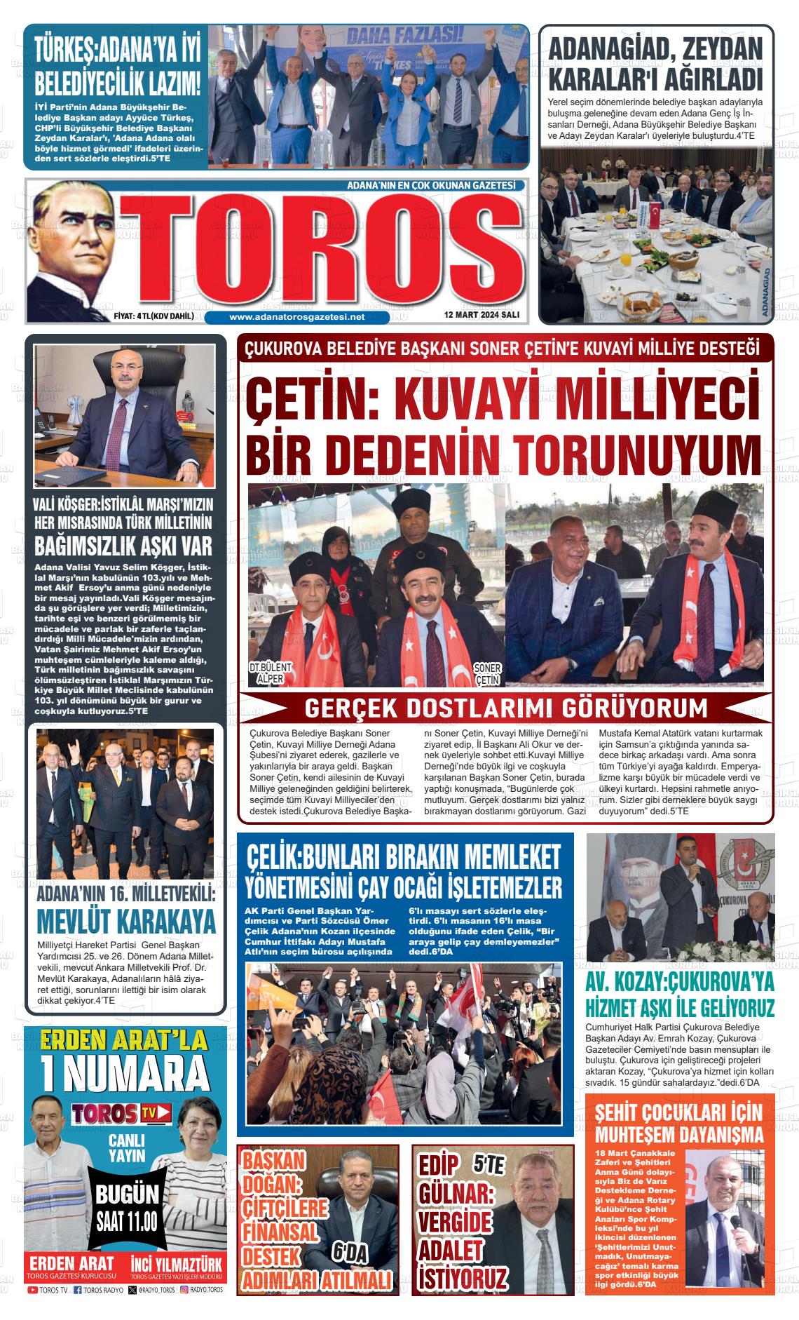 12 Mart 2024 Toros Gazete Manşeti