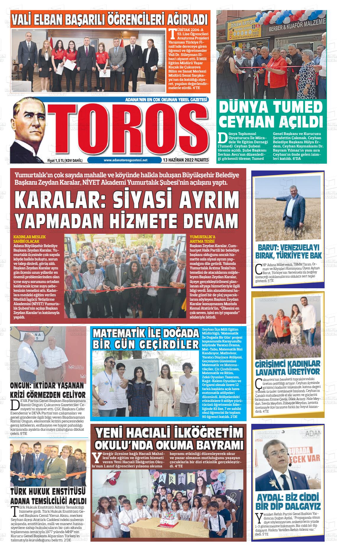 13 Haziran 2022 Toros Gazete Manşeti