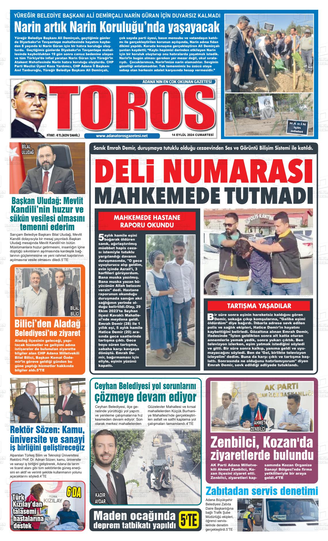 14 Eylül 2024 Toros Gazete Manşeti