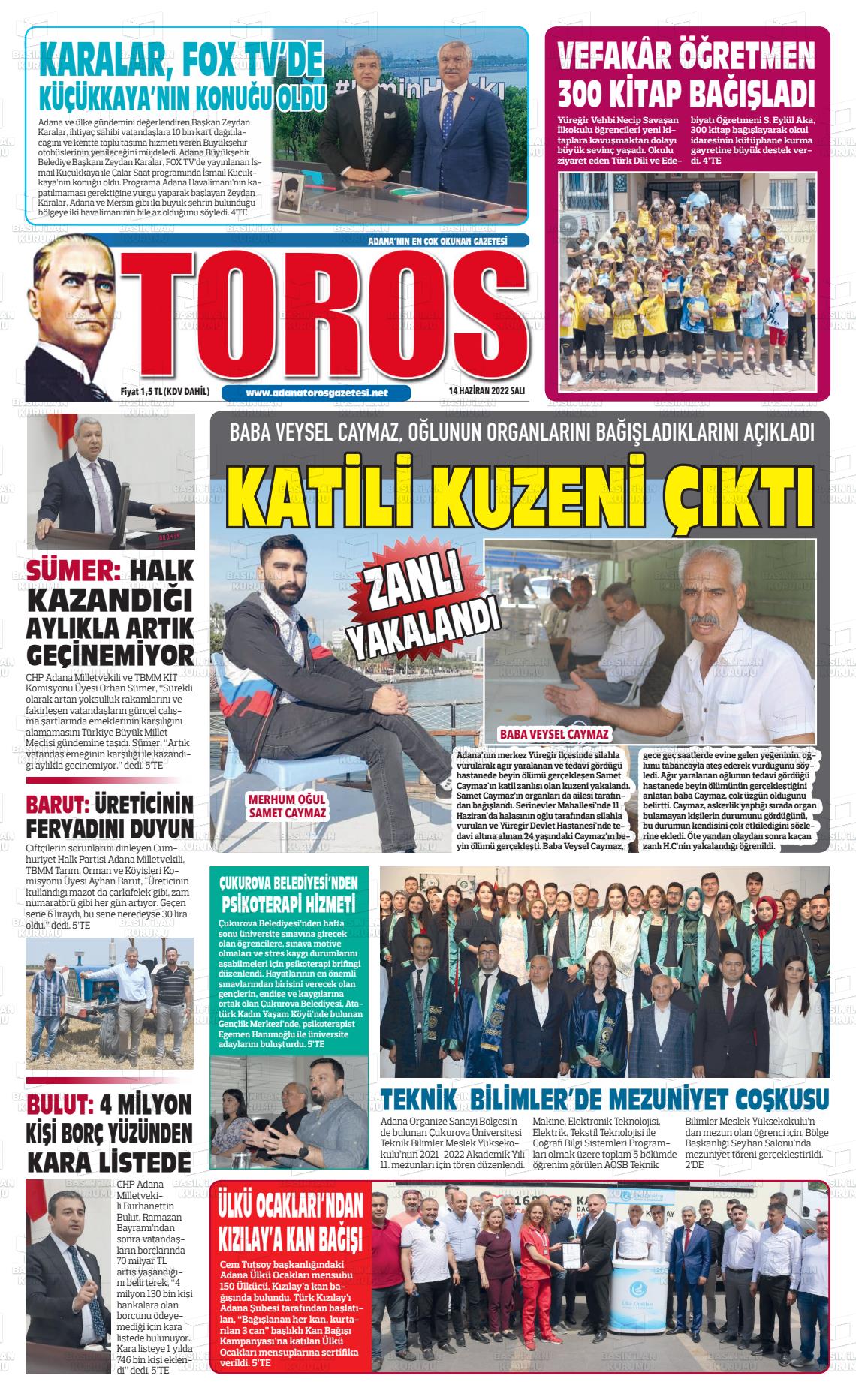 14 Haziran 2022 Toros Gazete Manşeti