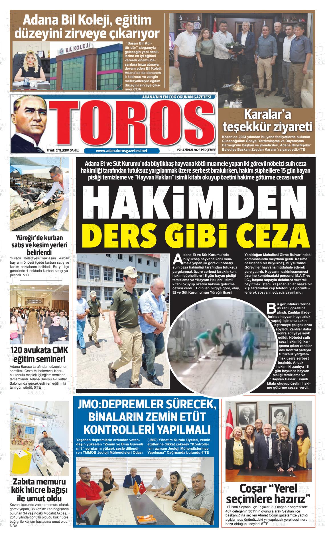 15 Haziran 2023 Toros Gazete Manşeti