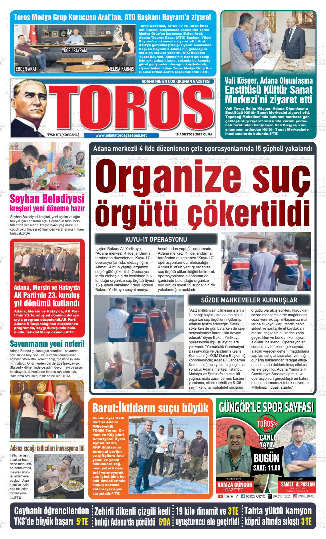 16 Ağustos 2024 Toros Gazete Manşeti