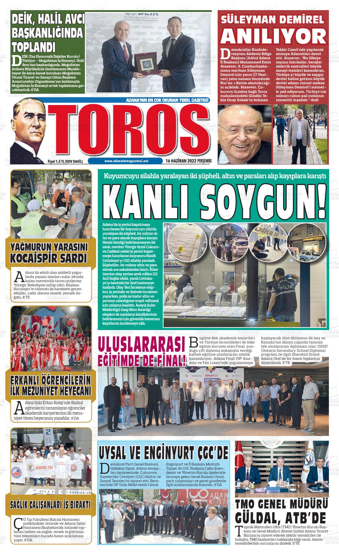 16 Haziran 2022 Toros Gazete Manşeti