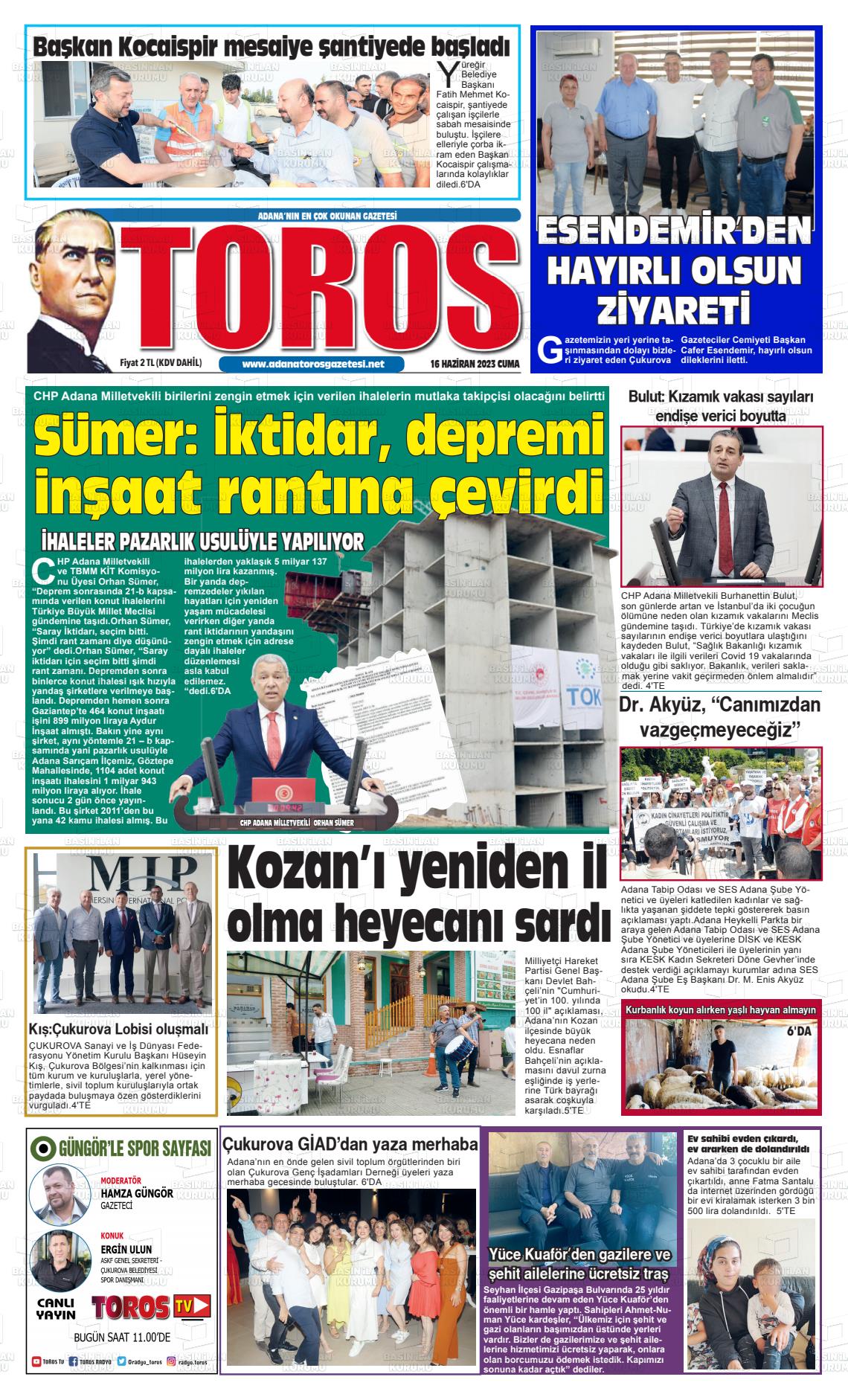 16 Haziran 2023 Toros Gazete Manşeti