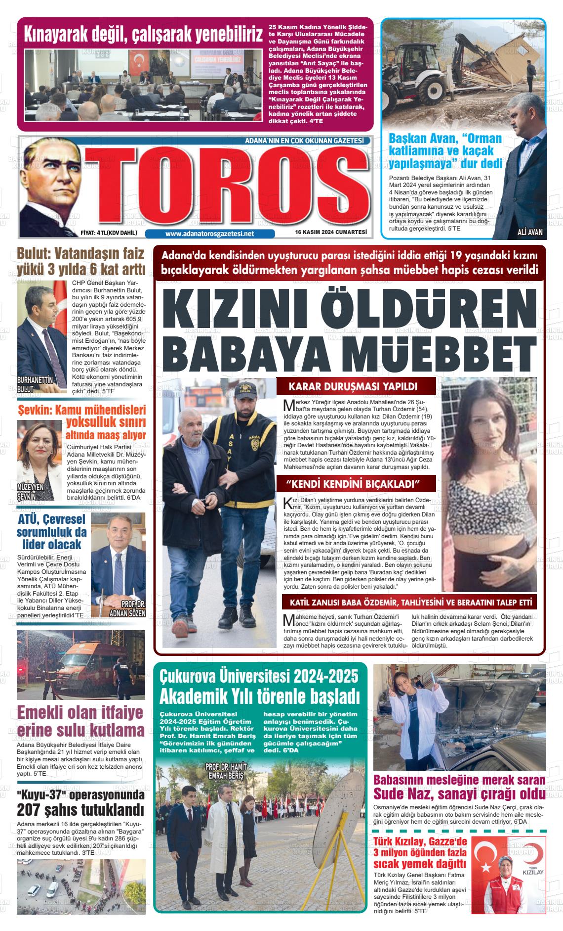 16 Kasım 2024 Toros Gazete Manşeti