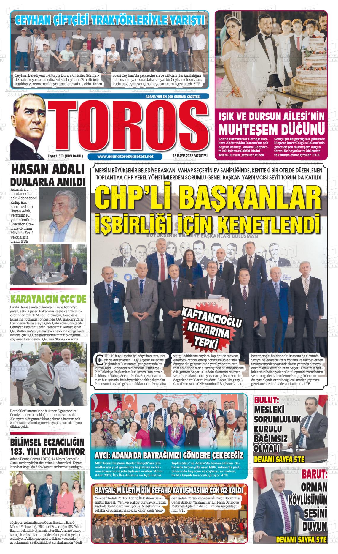 16 Mayıs 2022 Toros Gazete Manşeti