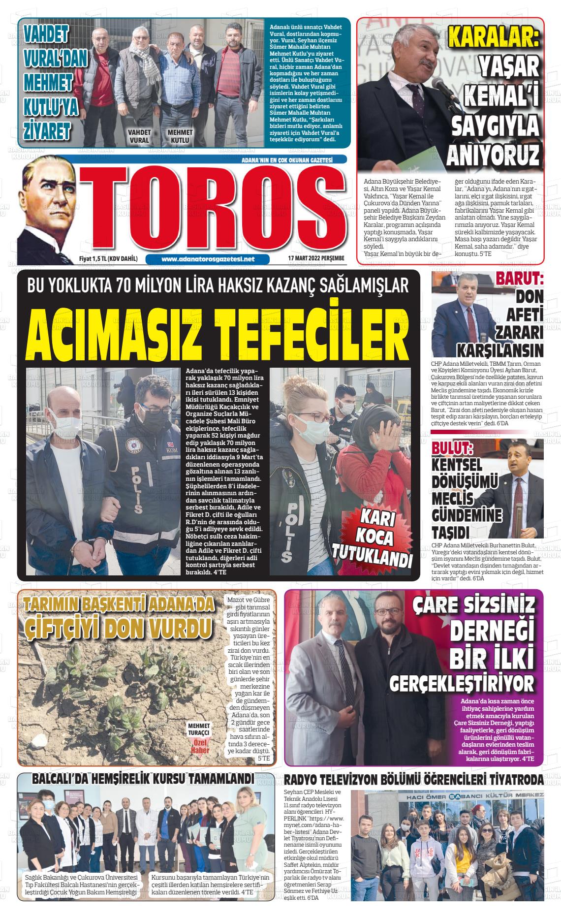 17 Mart 2022 Toros Gazete Manşeti