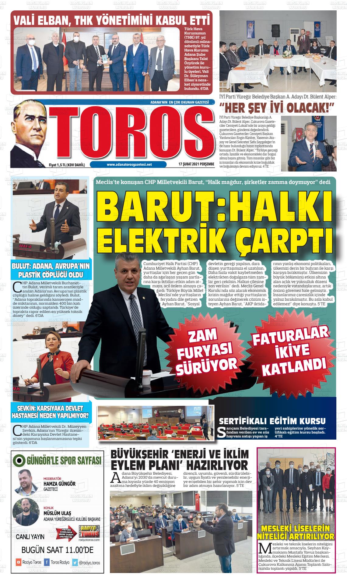 17 Şubat 2022 Toros Gazete Manşeti