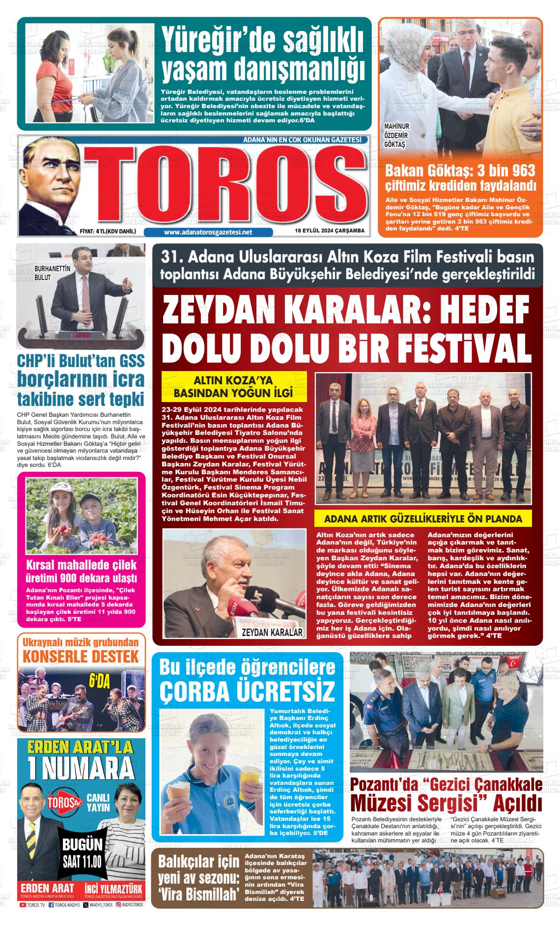 18 Eylül 2024 Toros Gazete Manşeti