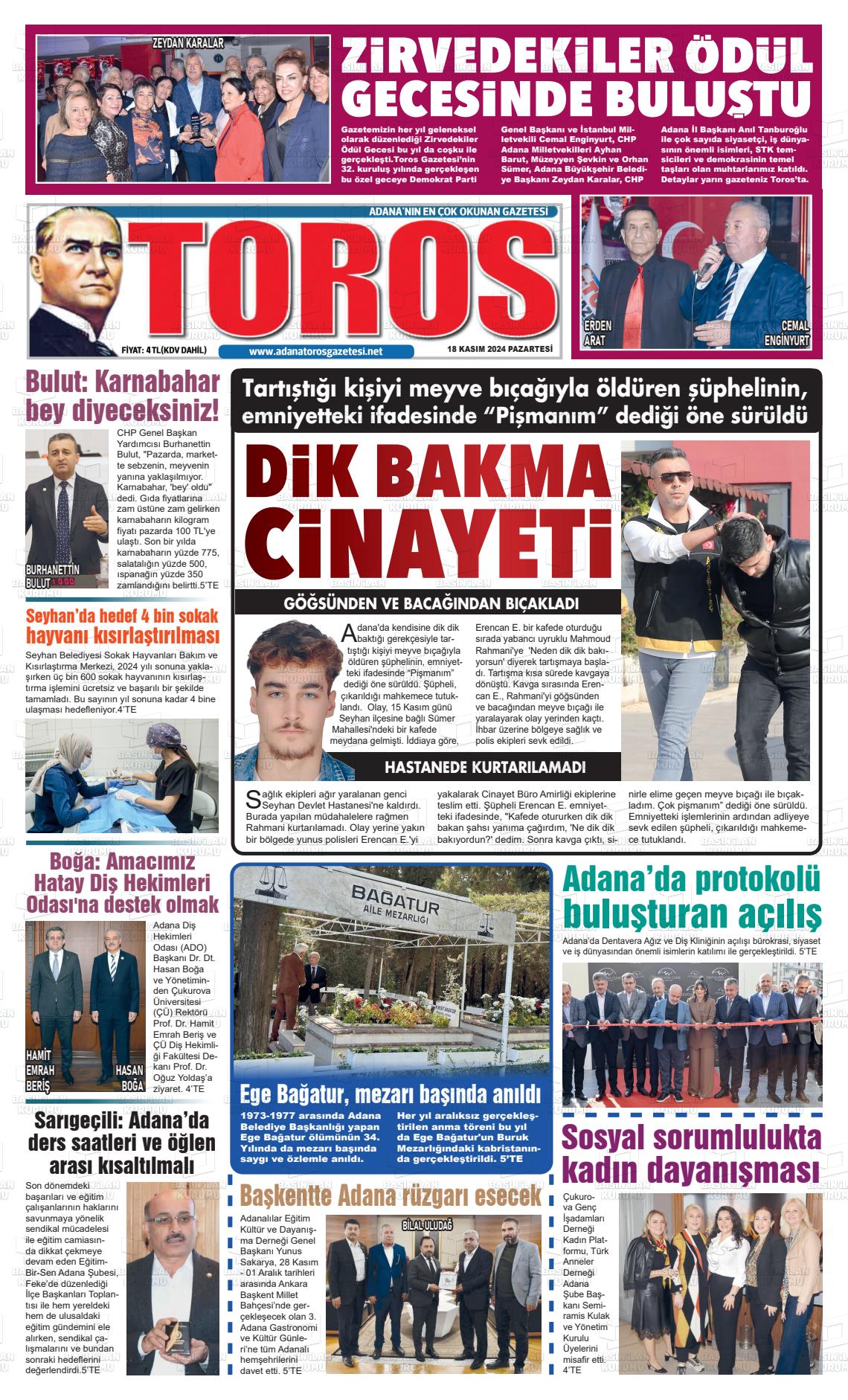 18 Kasım 2024 Toros Gazete Manşeti