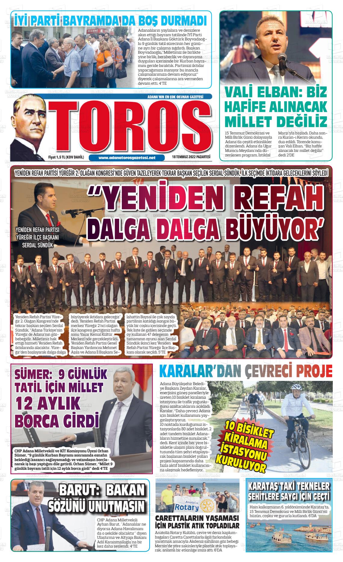 18 Temmuz 2022 Toros Gazete Manşeti