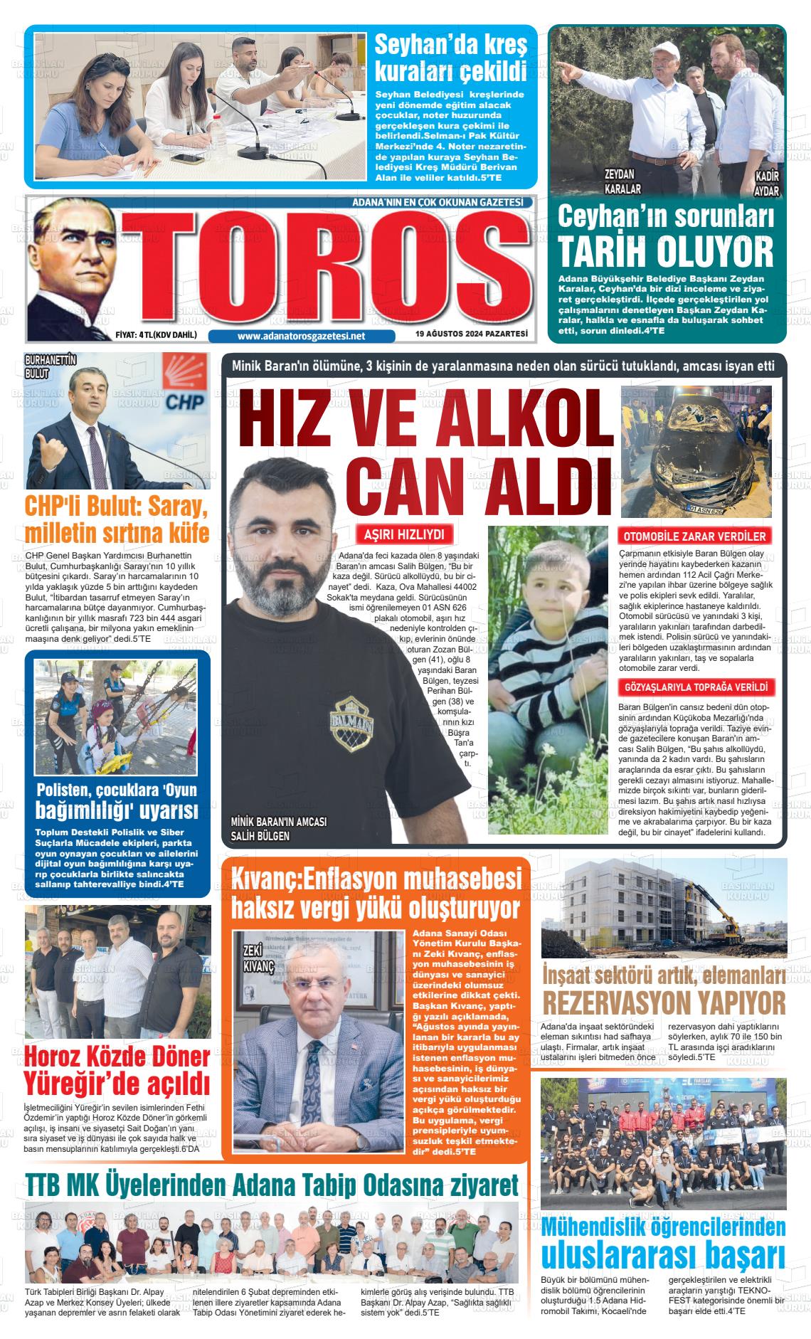 19 Ağustos 2024 Toros Gazete Manşeti