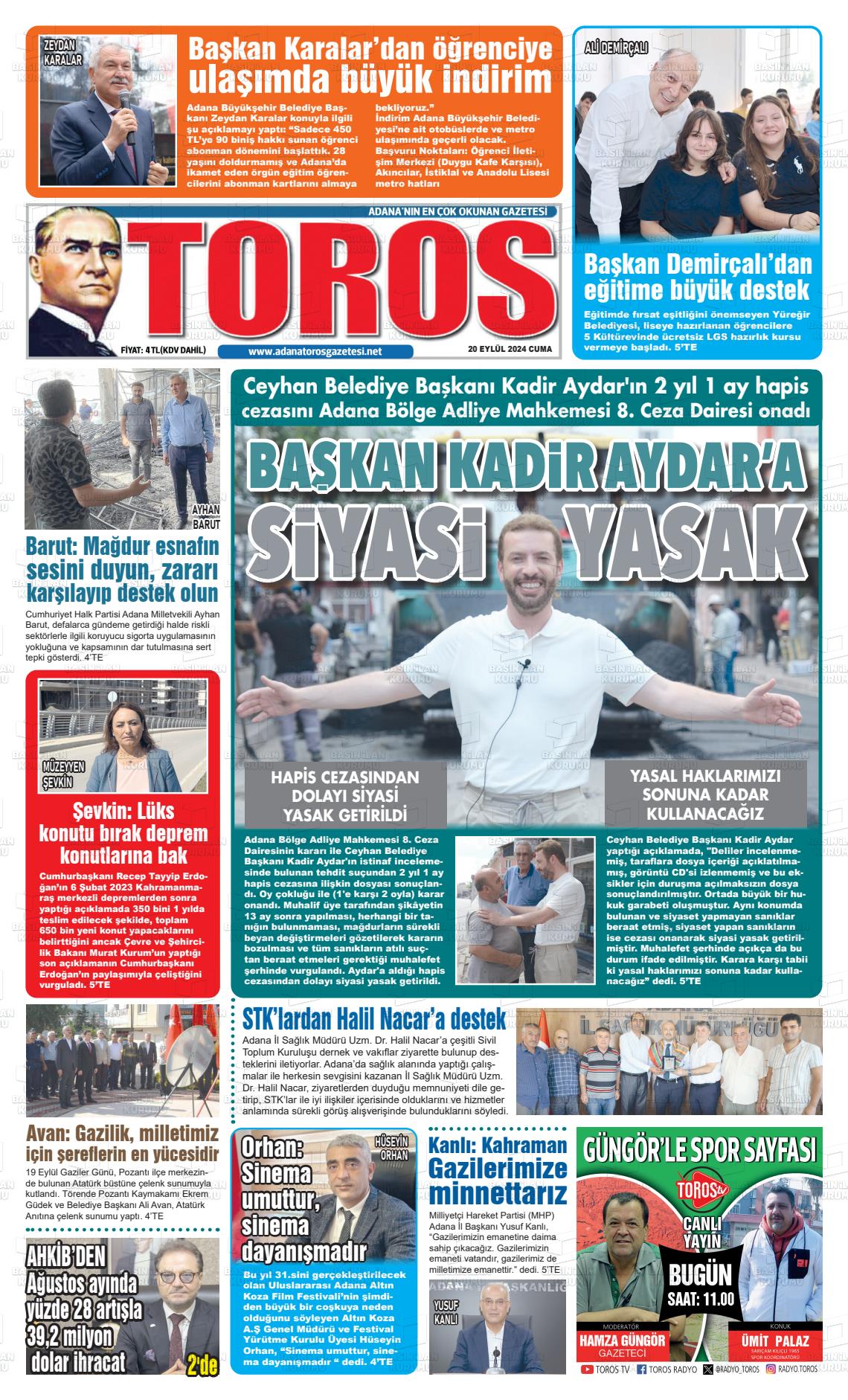 20 Eylül 2024 Toros Gazete Manşeti