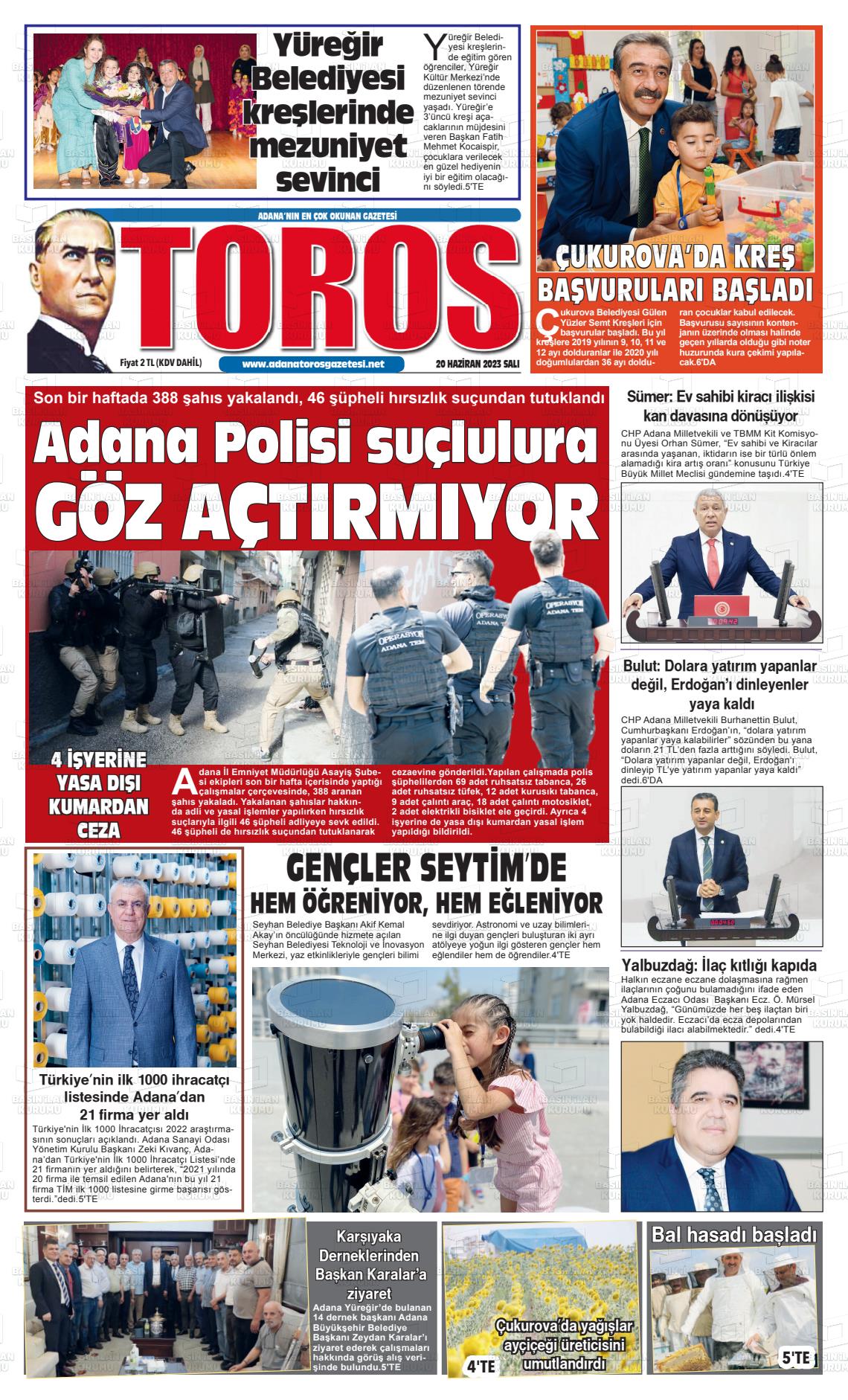 20 Haziran 2023 Toros Gazete Manşeti