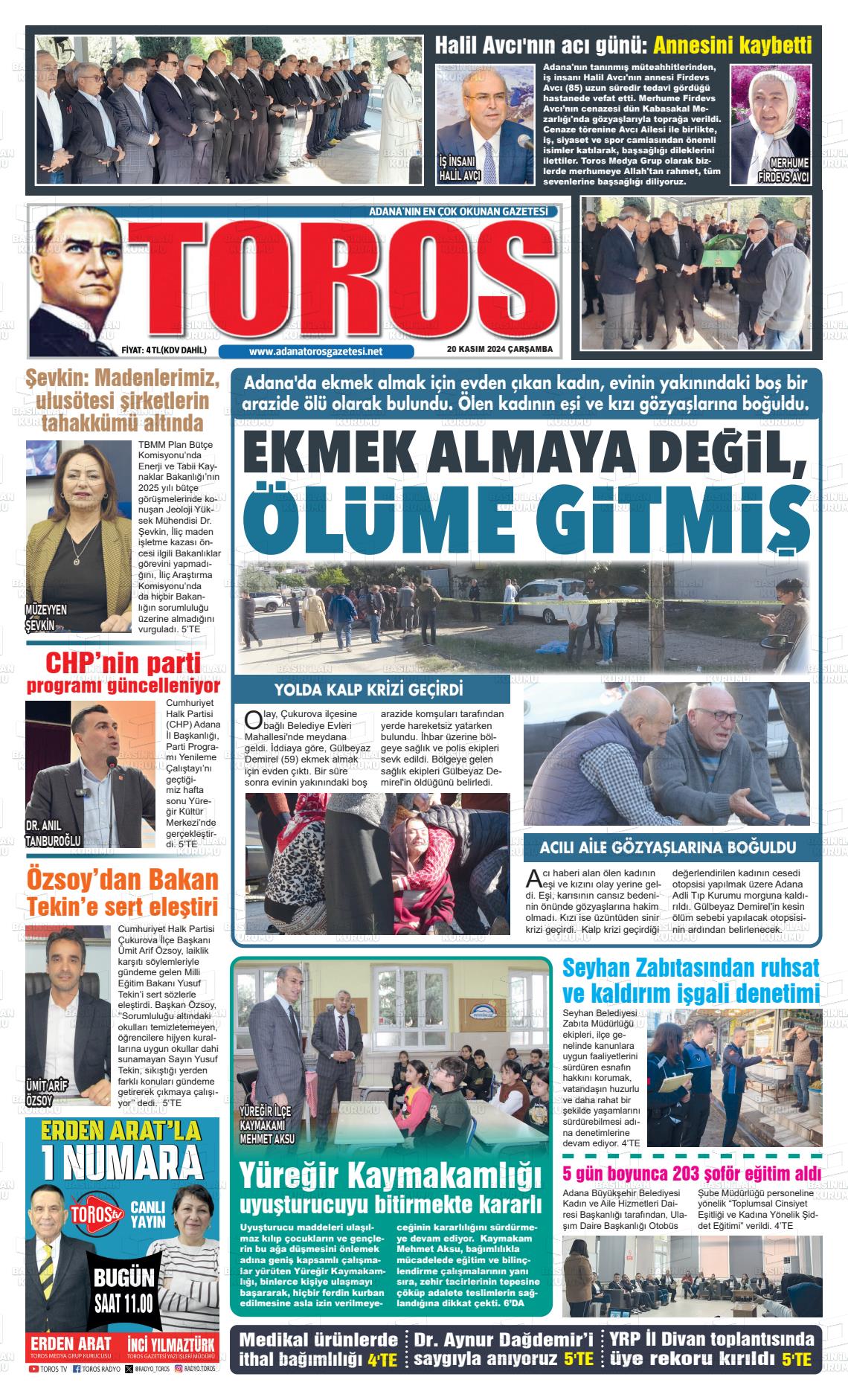 20 Kasım 2024 Toros Gazete Manşeti