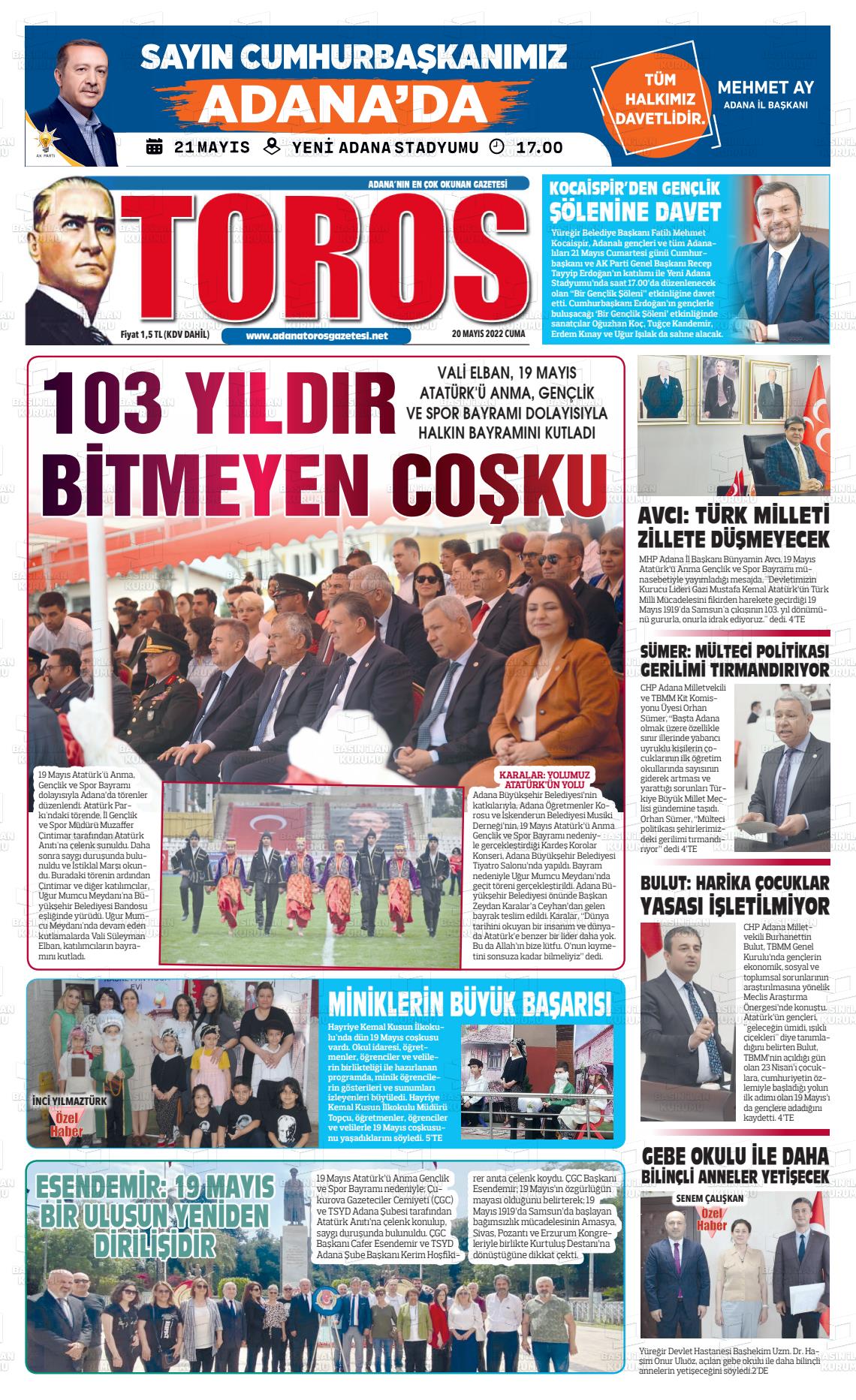 20 Mayıs 2022 Toros Gazete Manşeti