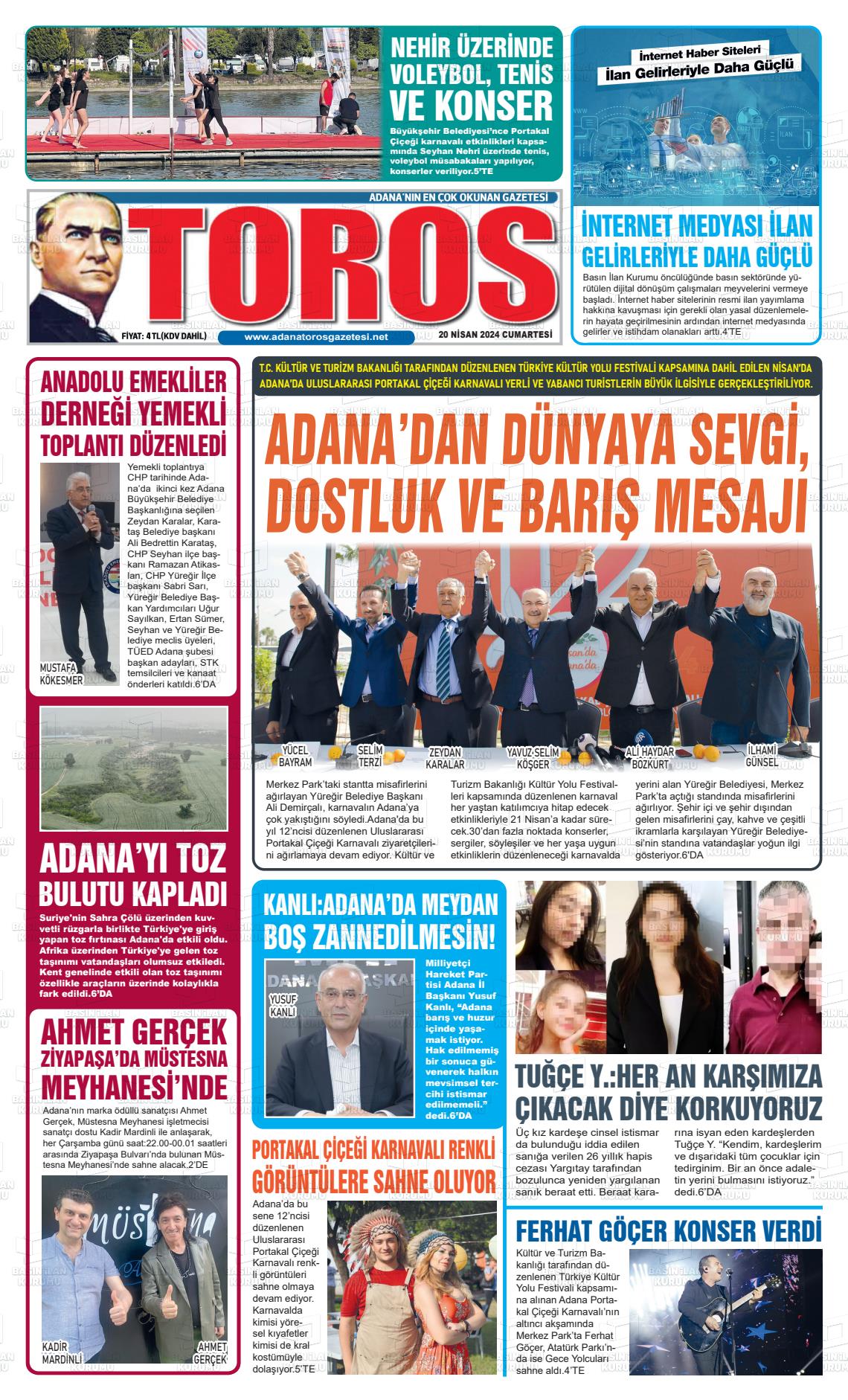 20 Nisan 2024 Toros Gazete Manşeti