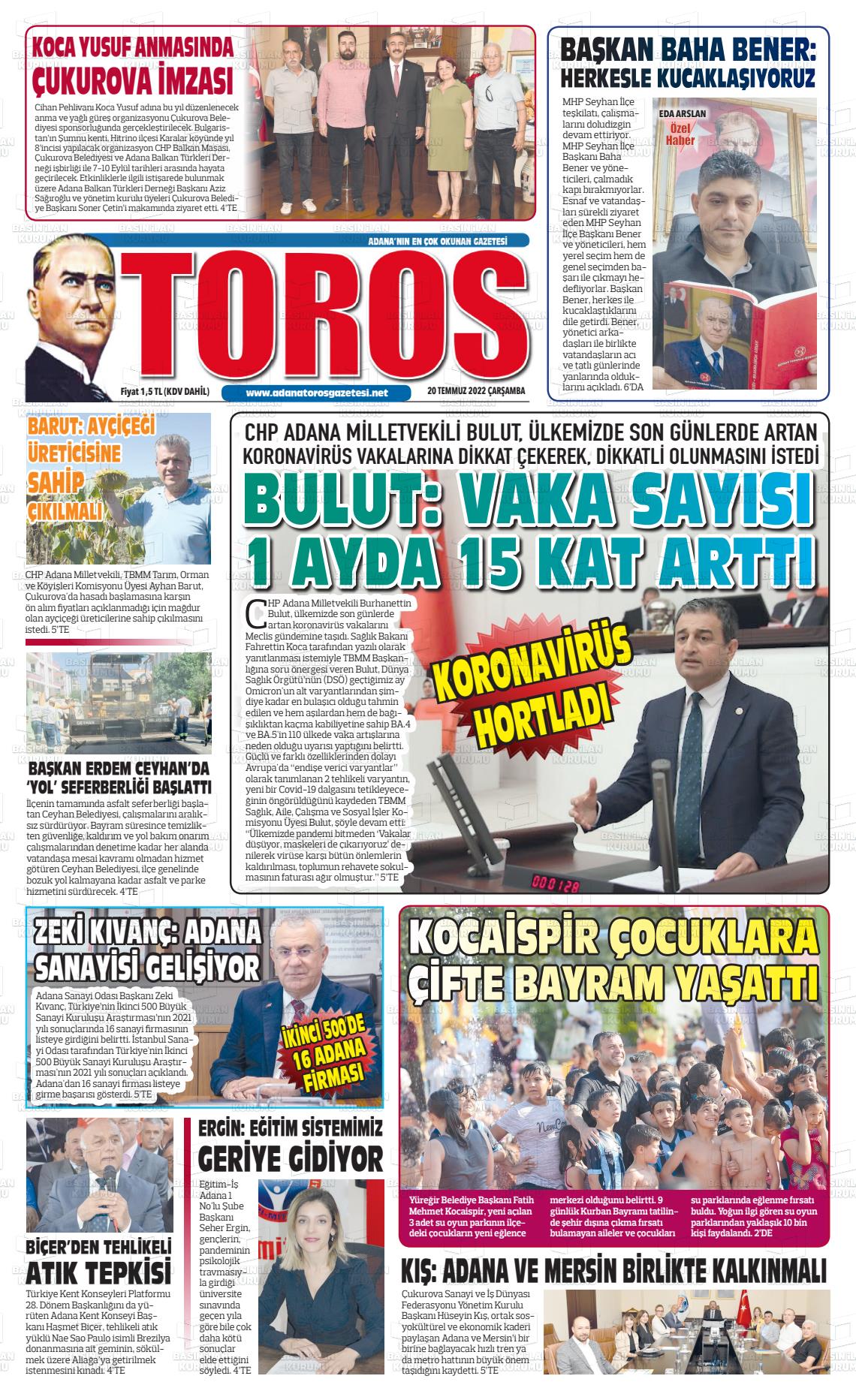 20 Temmuz 2022 Toros Gazete Manşeti