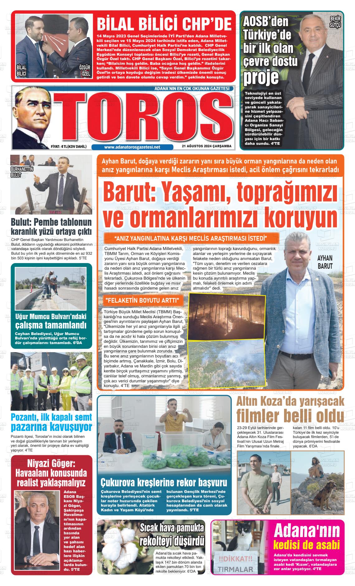 21 Ağustos 2024 Toros Gazete Manşeti