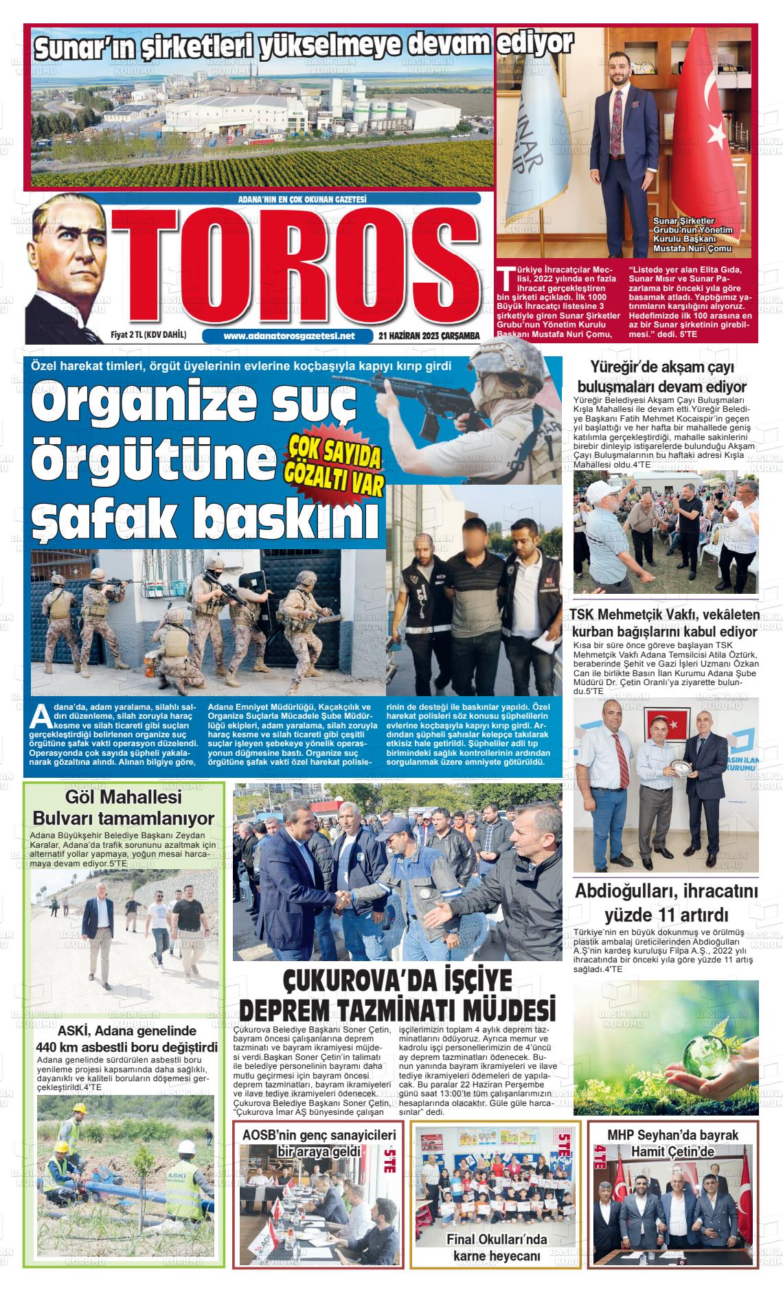 21 Haziran 2023 Toros Gazete Manşeti