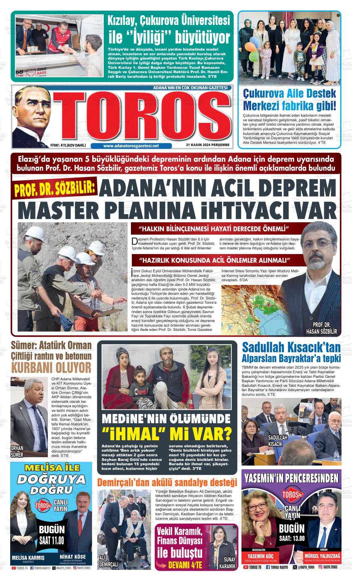 21 Kasım 2024 Toros Gazete Manşeti