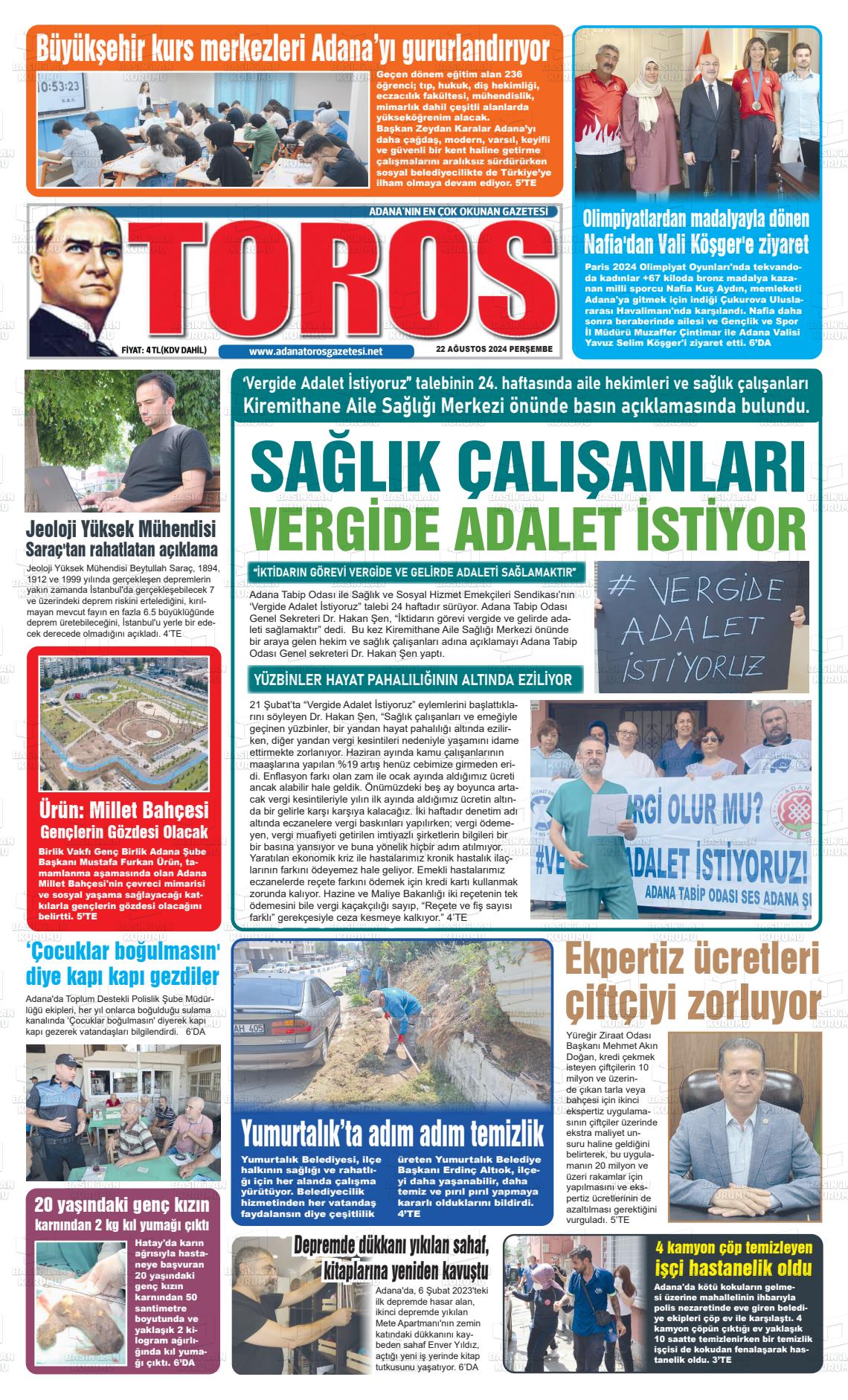 22 Ağustos 2024 Toros Gazete Manşeti