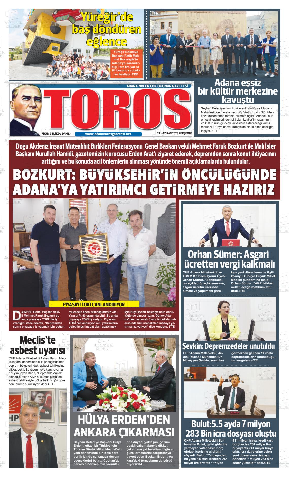 22 Haziran 2023 Toros Gazete Manşeti