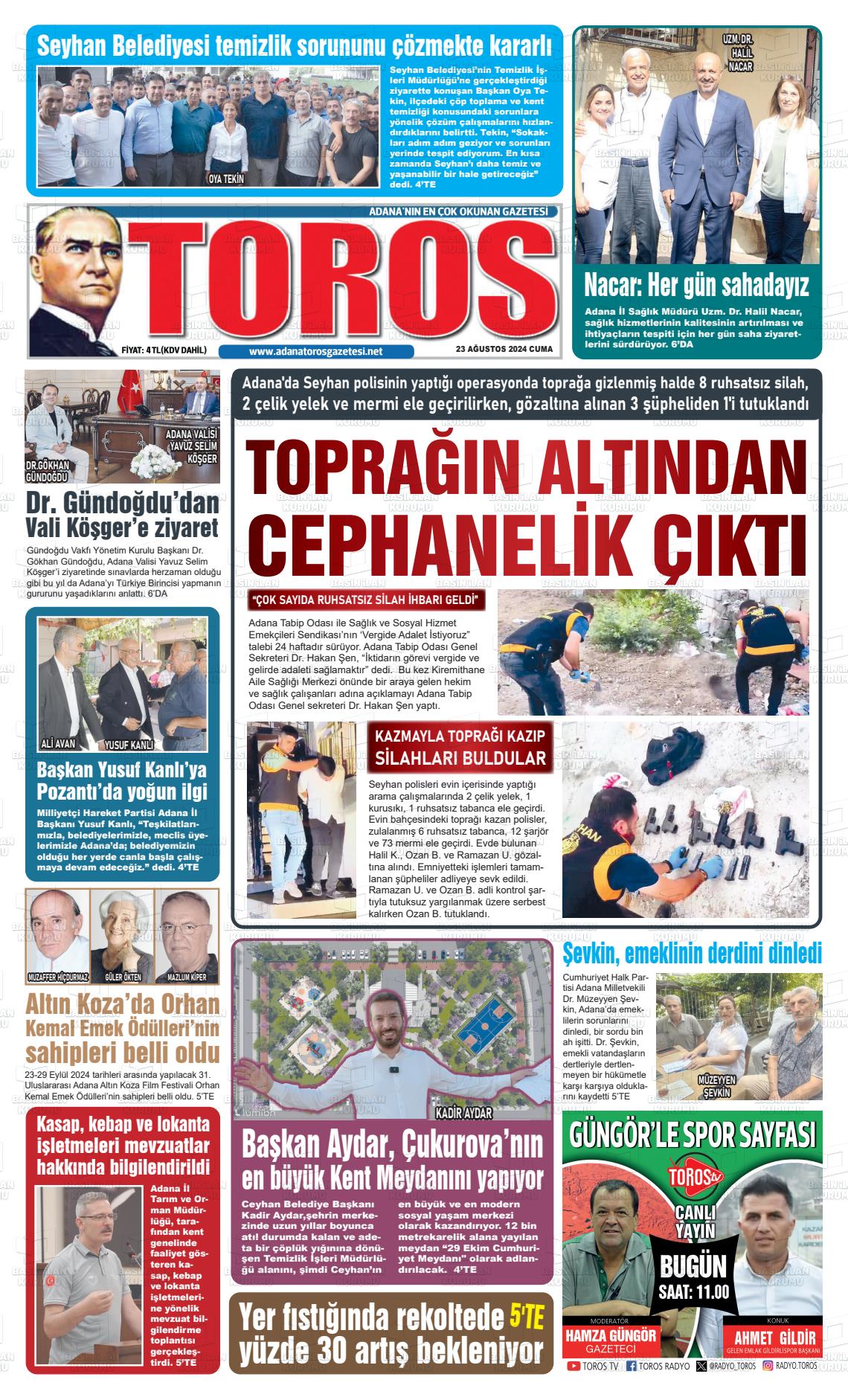 23 Ağustos 2024 Toros Gazete Manşeti