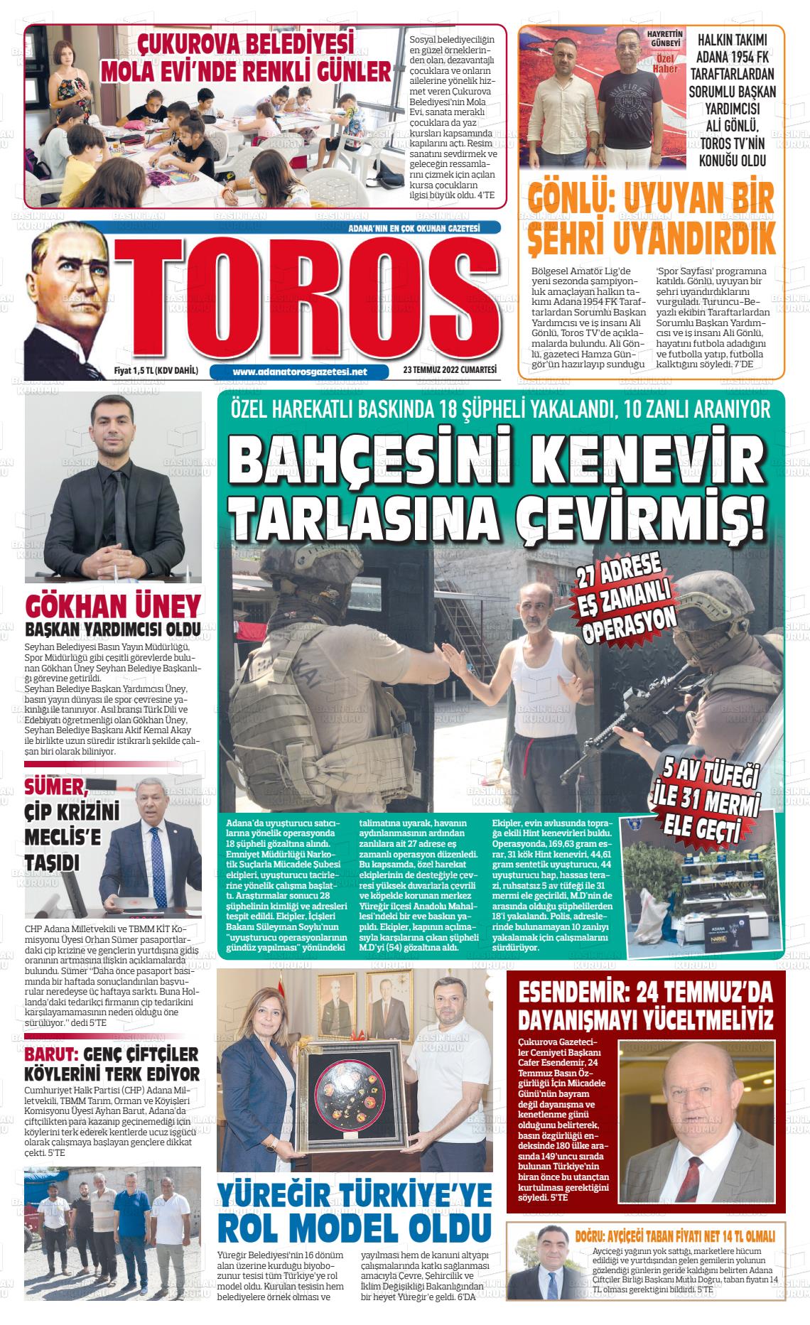 23 Temmuz 2022 Toros Gazete Manşeti